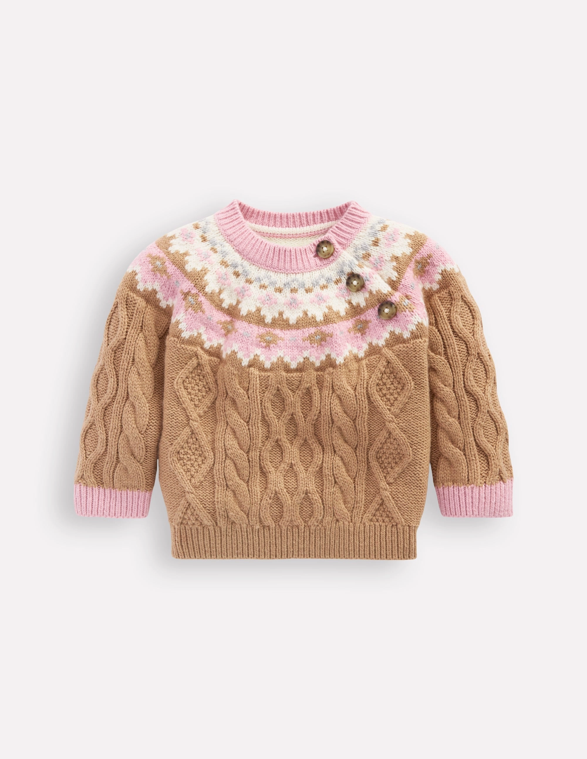 Moisture Wicking Texture MachineWashable Structure Girls Fair Isle Cable Jumper-Camel Melange Fair Isle