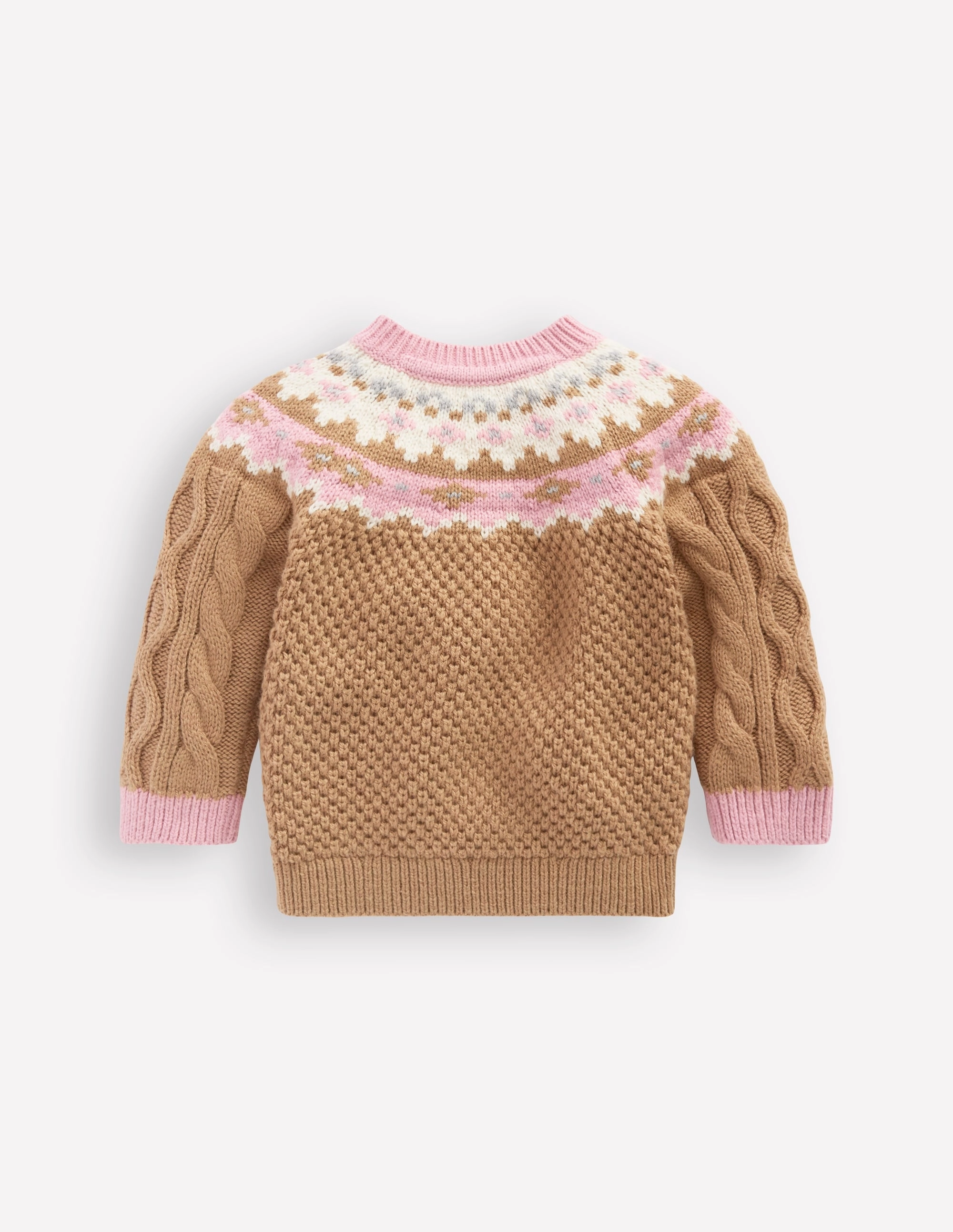 Microfiber Textile Girls Fair Isle Cable Jumper-Camel Melange Fair Isle