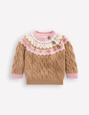 Moisture Wicking Texture MachineWashable Structure Girls Fair Isle Cable Jumper-Camel Melange Fair Isle