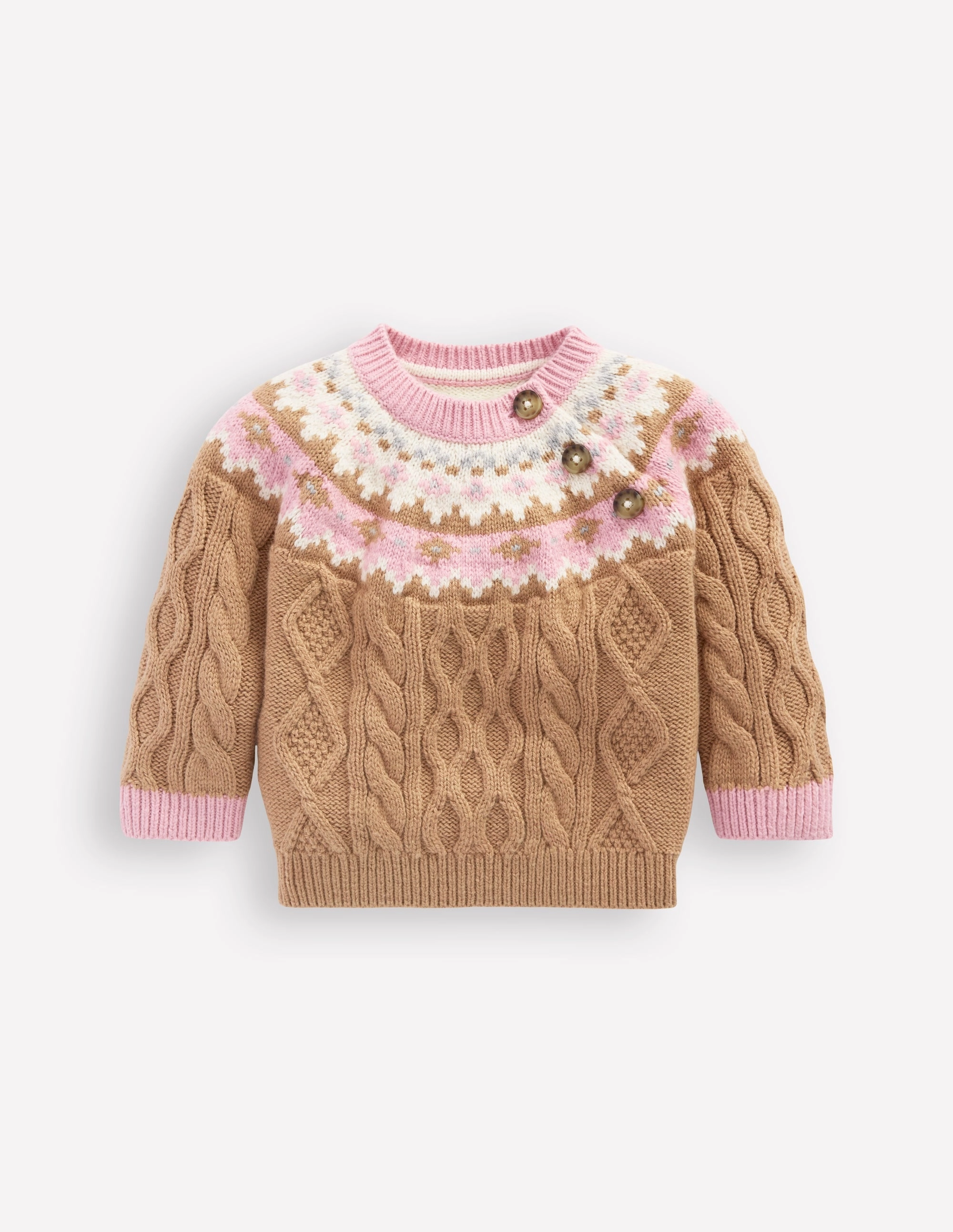 Girls Fair Isle Cable Jumper-Camel Melange Fair Isle Thermoregulating Fabric