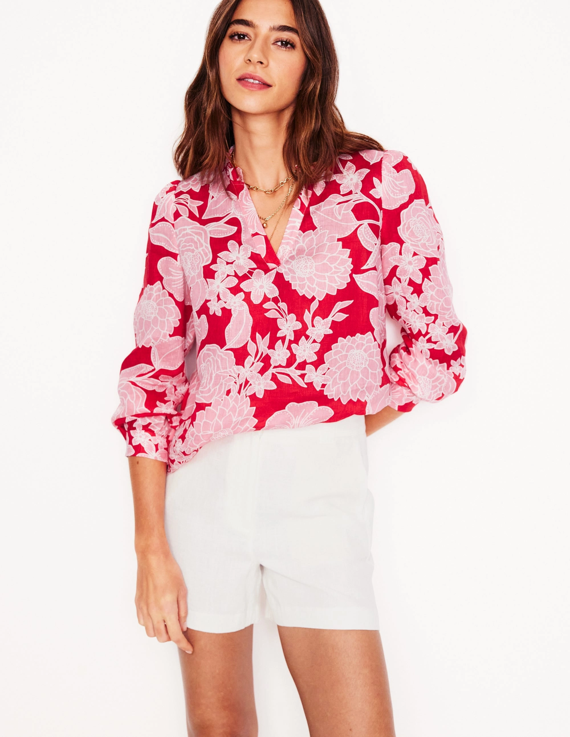 Grace Linen Top-Poppy Red, Blossom Cascade Oversized Silhouette