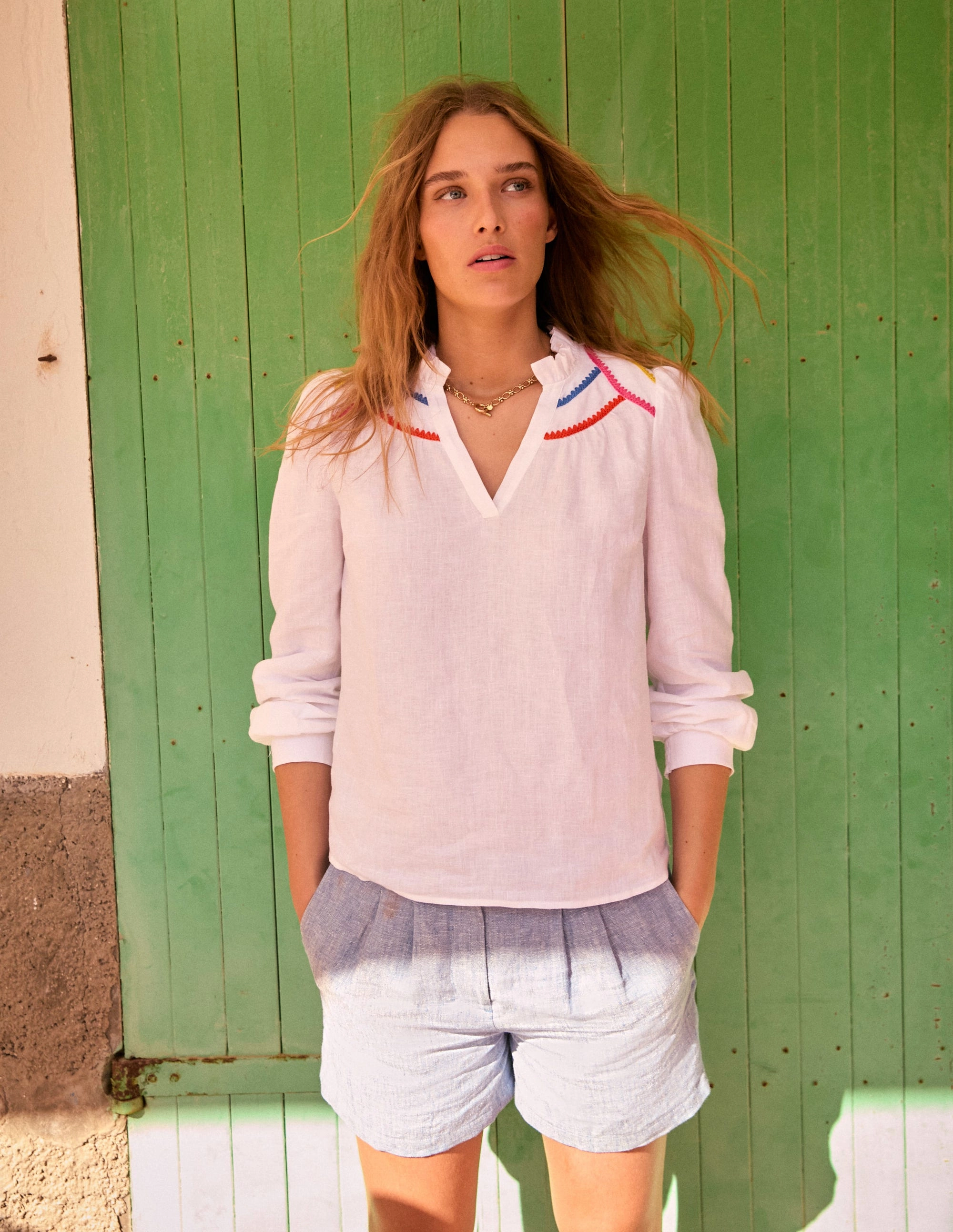 Breezy Design Cotton Blend Grace Linen Top-White, Multi Stitch