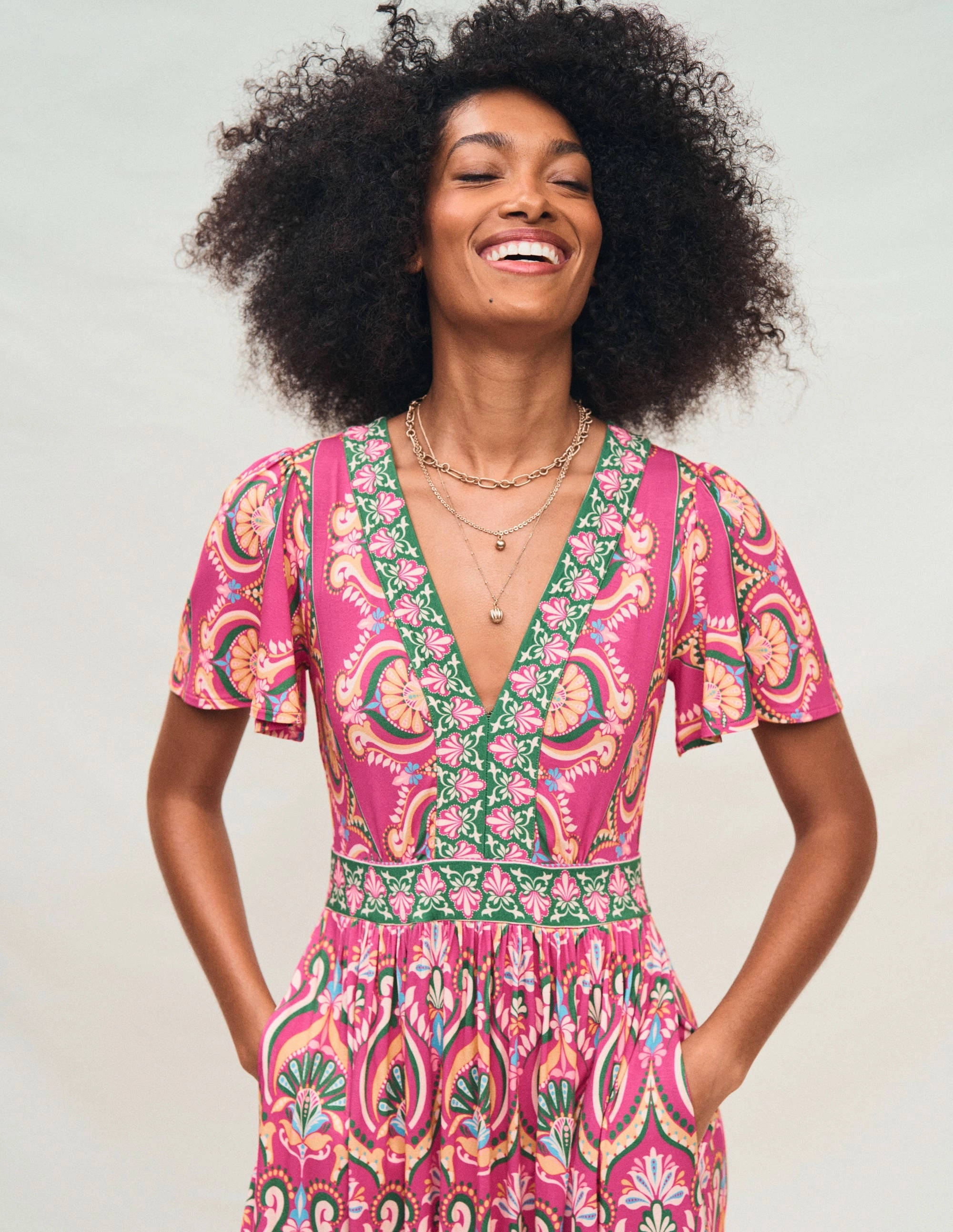 Ellie Flutter Maxi Tea Dress-Pink Peony, Ornamental Floral Festival-Ready Fold-Over-Detail