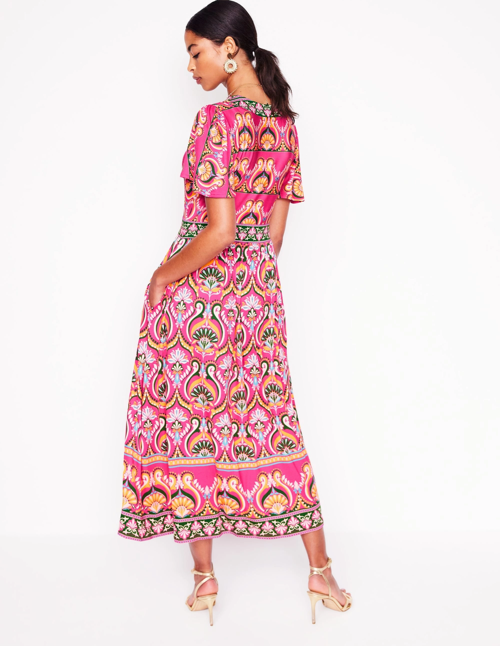 City Mood Ellie Flutter Maxi Tea Dress-Pink Peony, Ornamental Floral