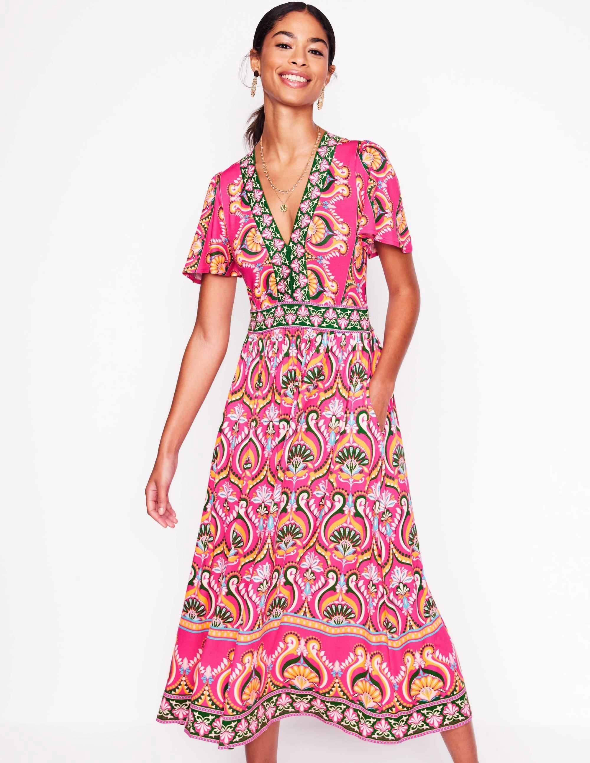 Open Design Ellie Flutter Maxi Tea Dress-Pink Peony, Ornamental Floral