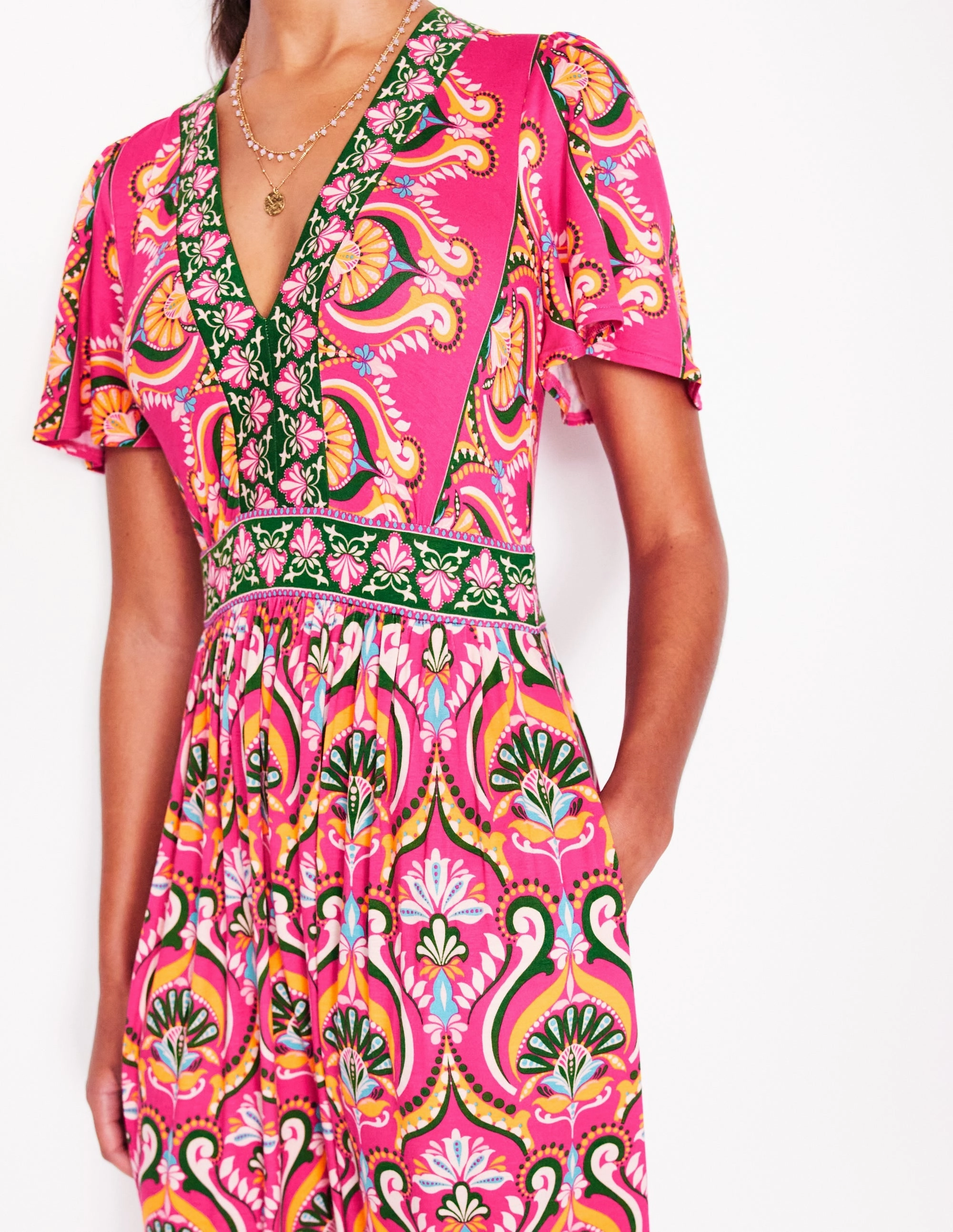 Ellie Flutter Maxi Tea Dress-Pink Peony, Ornamental Floral Daily Confidence Comfortable Look