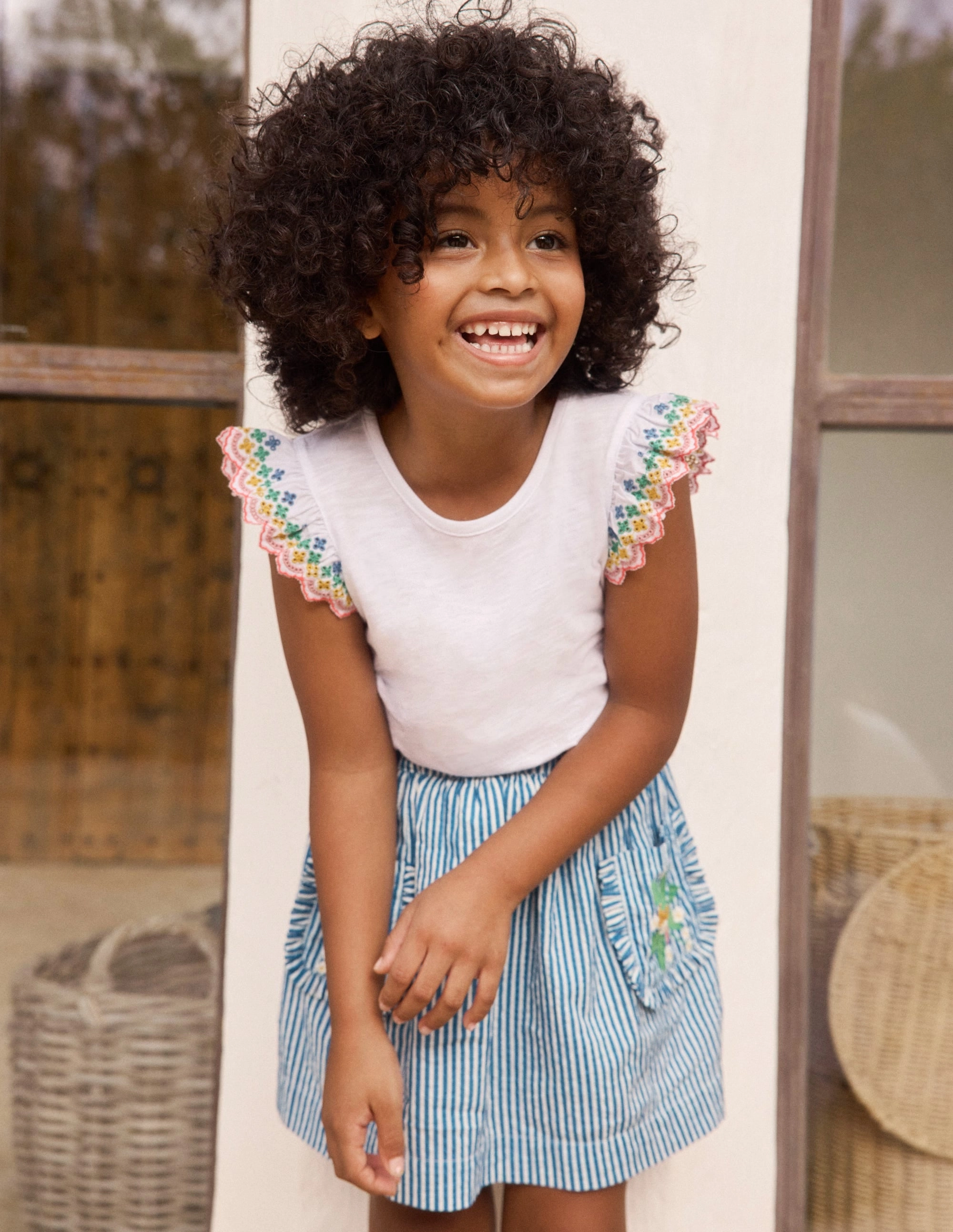 Roll Up Fasten Cruise Attire Applique Pocket Skirt-Blue Ticking Floral Stripe