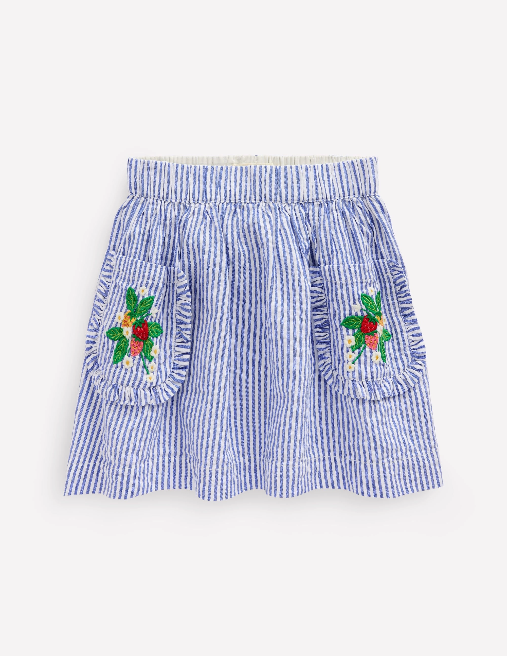Versatile Fit Applique Pocket Skirt-Blue Ticking Floral Stripe