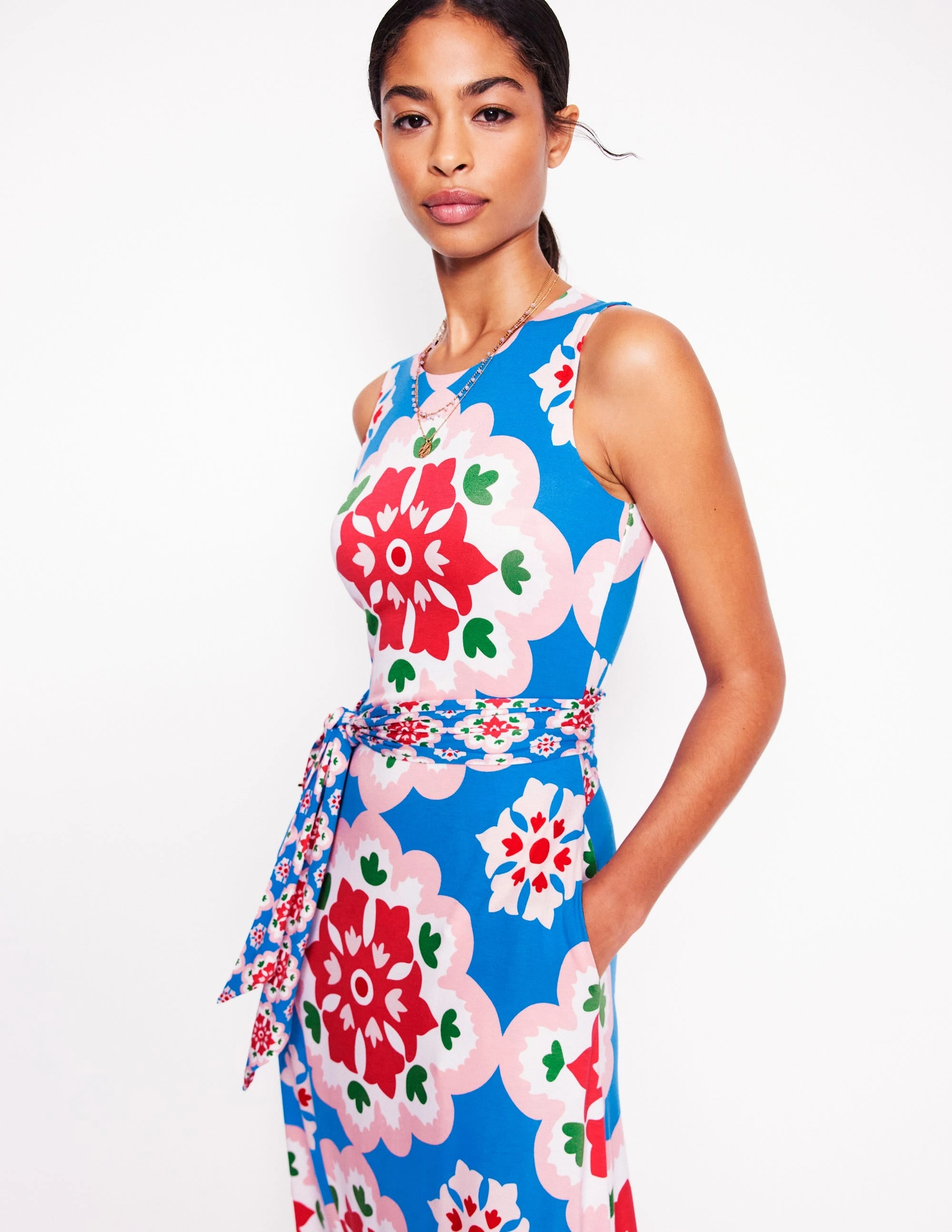 Classic Touch Grown On Tie Trapeze Dress-Cerulean Blue, Bloom Geo