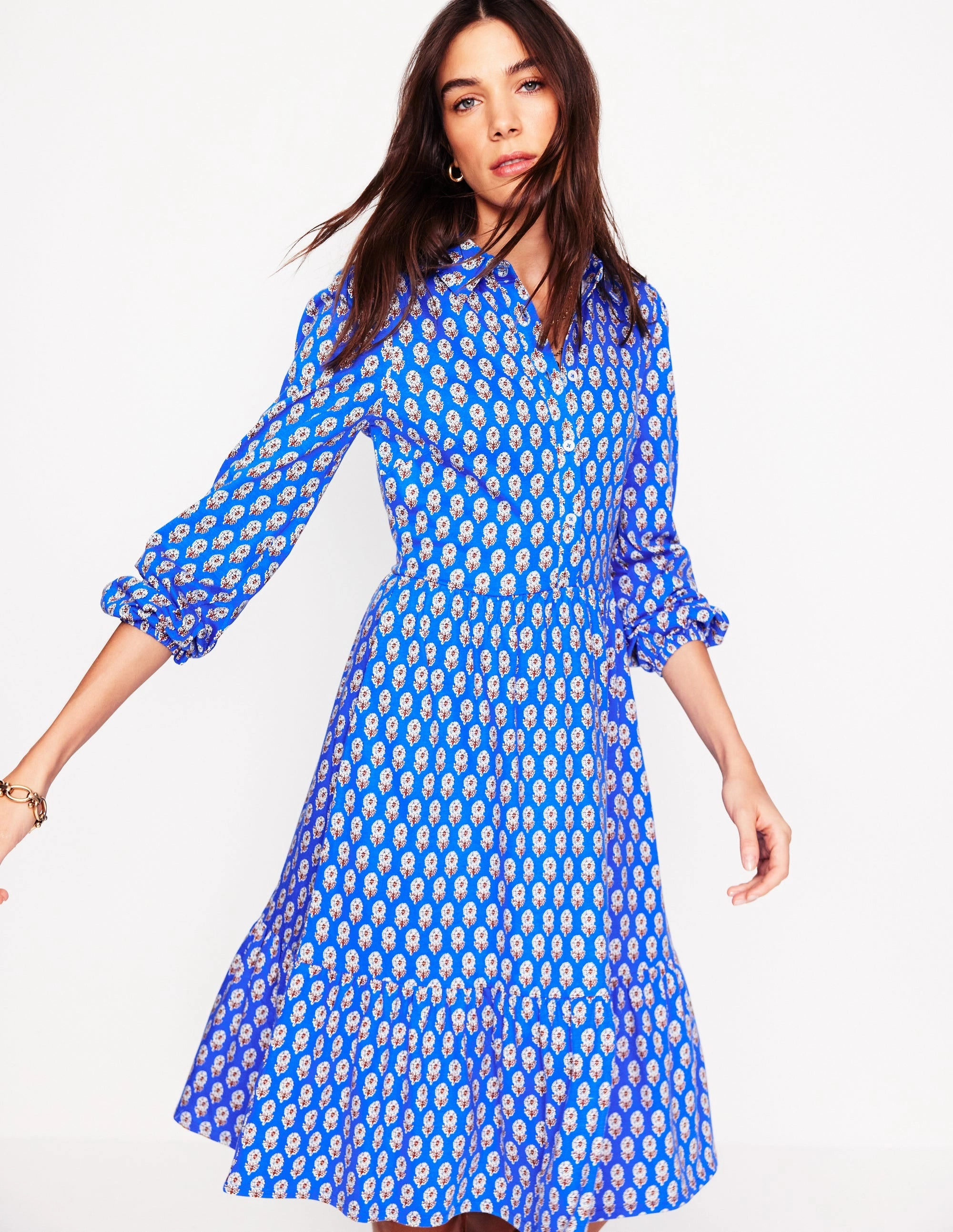 Jemima Tiered Jersey Dress-Gallery Blue, Camellia Stamp Daily Wear