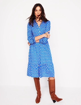 Jemima Tiered Jersey Dress-Gallery Blue, Camellia Stamp Fine Texture