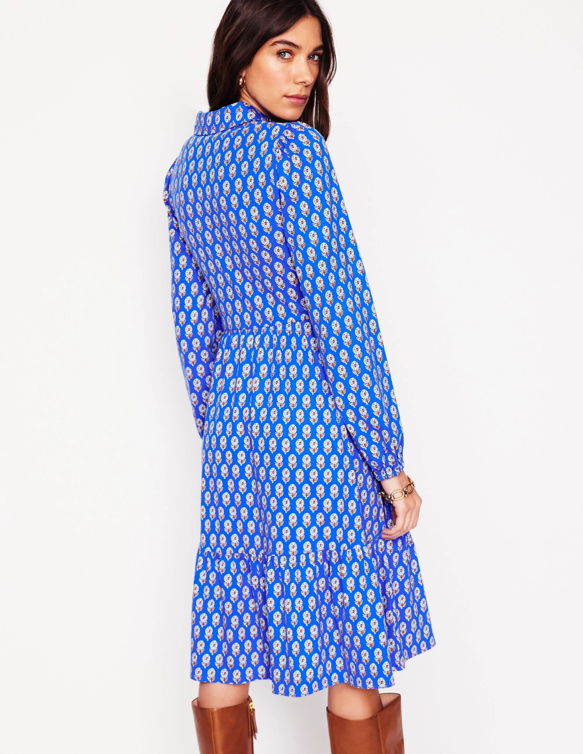 Jemima Tiered Jersey Dress-Gallery Blue, Camellia Stamp Versatile dress for layering