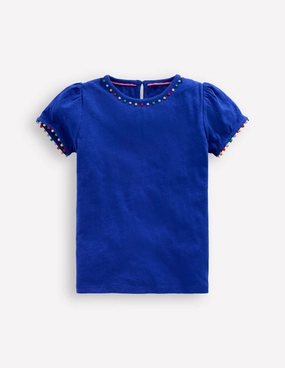 Quick Slip Personalized Ali Puff Sleeve Pom T-Shirt-Bright Blue