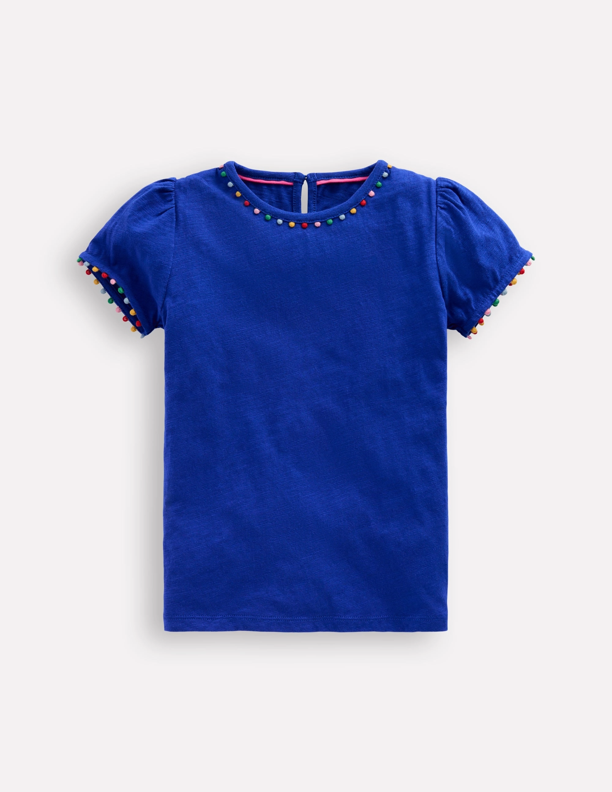 Polka Dot Pattern Glossy Look Ali Puff Sleeve Pom T-Shirt-Bright Blue