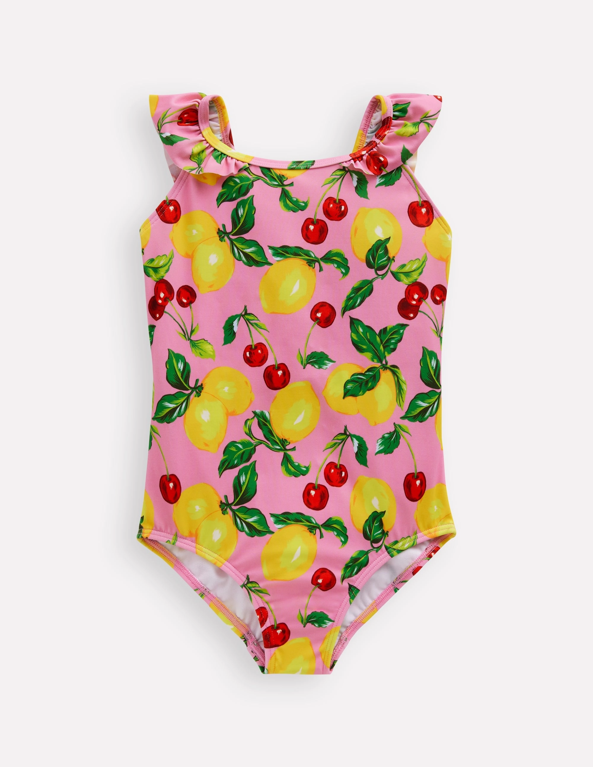 High-Neck Smooth-Finish Hallie Frill Strap Swimsuit-Cosmos Pink Lemons & Cherries