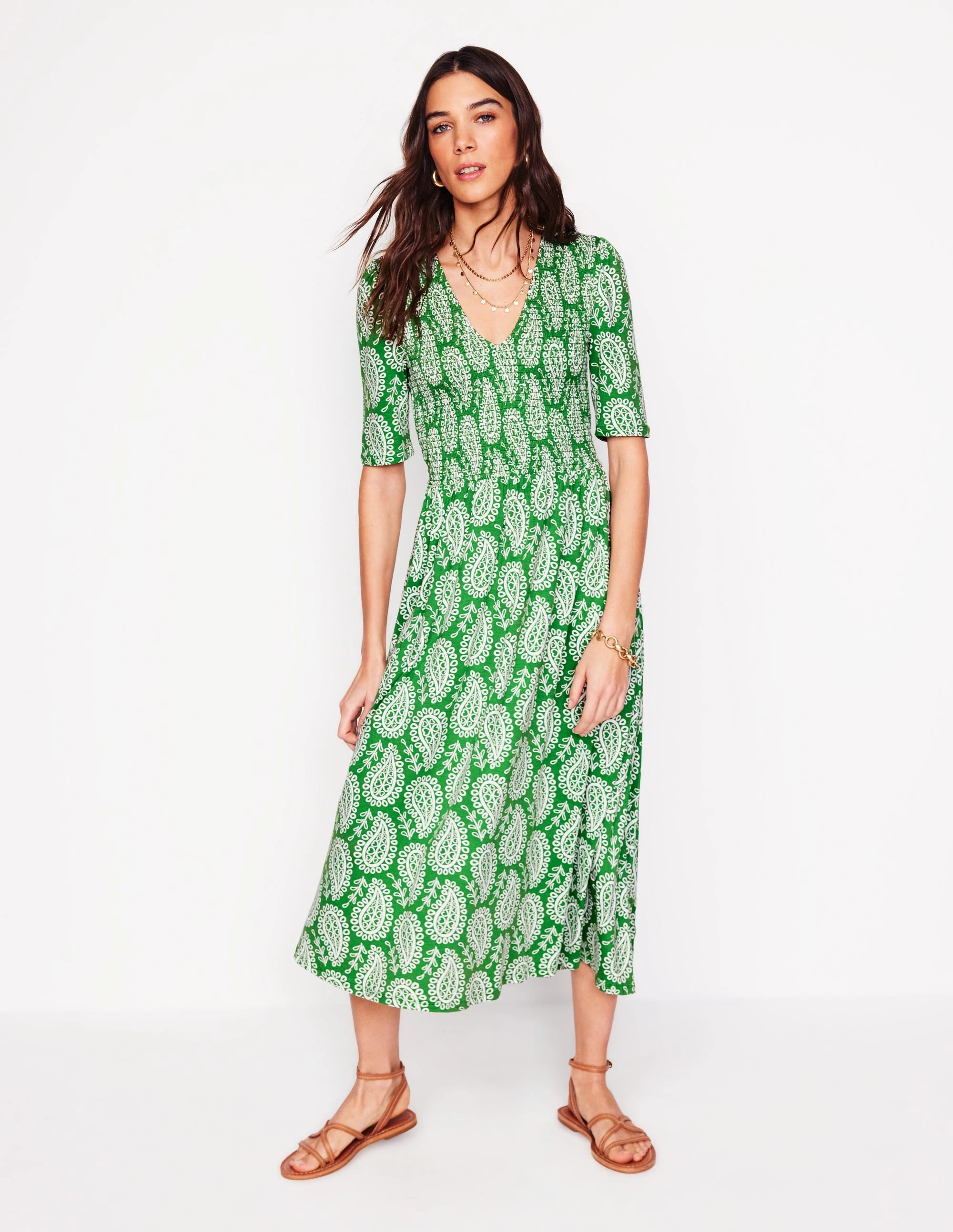 Subtle Finish Flattering Silhouette Bethany Smocked Jersey Dress-Paradise Green, Paisley Heart