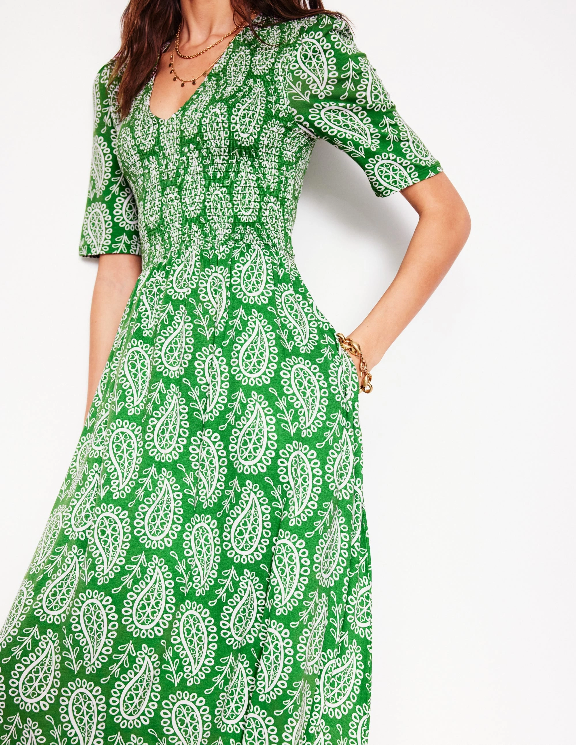 Casual Style Wear Bethany Smocked Jersey Dress-Paradise Green, Paisley Heart