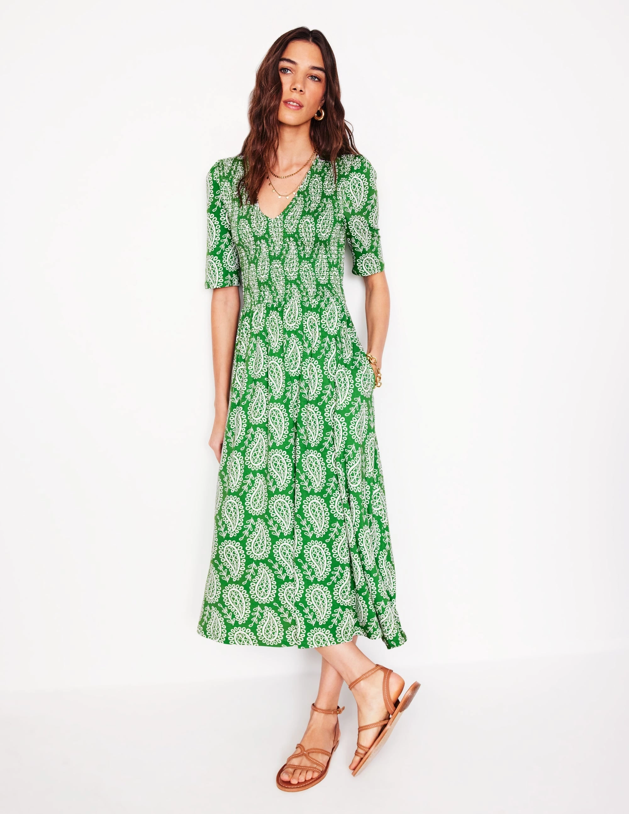 Bethany Smocked Jersey Dress-Paradise Green, Paisley Heart Charming Fit Trendy floral dress