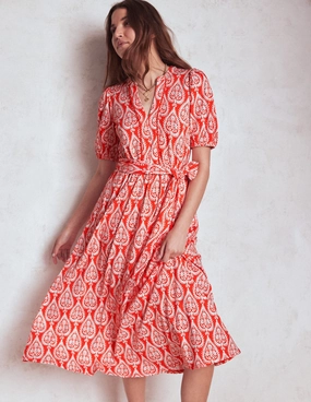 Sofia Trim Jersey Midi Dress-Firecracker Red, Ornate Geo Fashion Essential