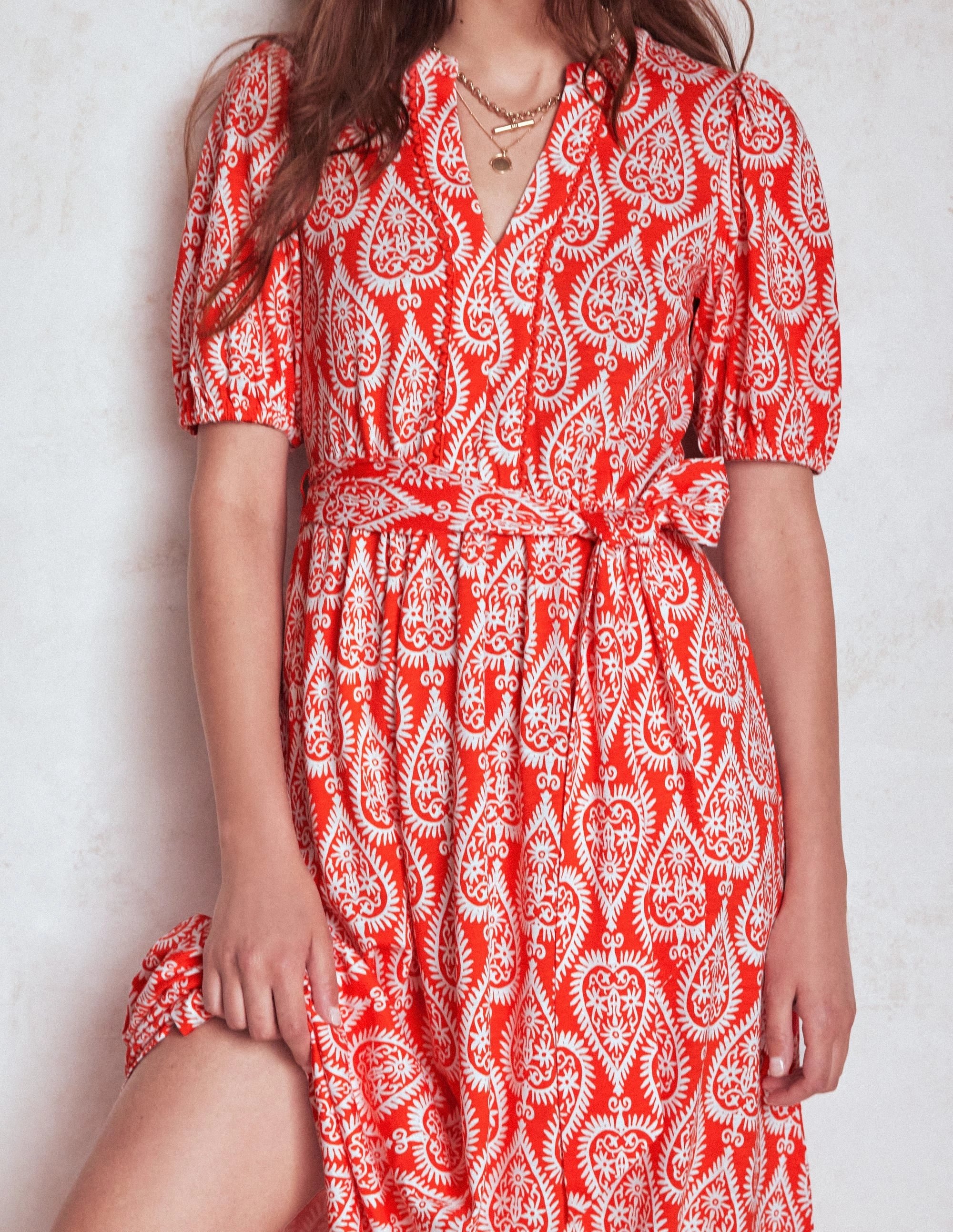 Unique Print Sofia Trim Jersey Midi Dress-Firecracker Red, Ornate Geo