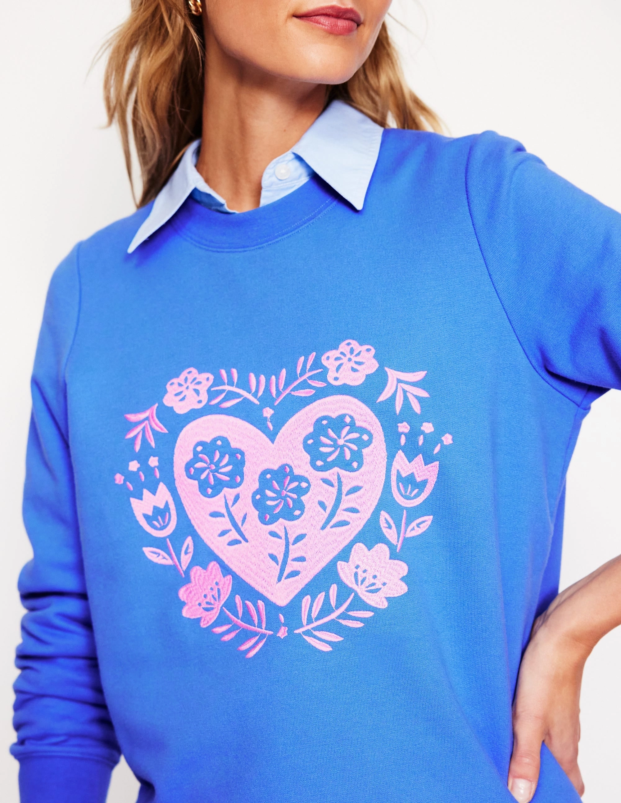Scoop neck femininity Hannah Embroidered Sweatshirt-Peacock Plume Blue, Hearts