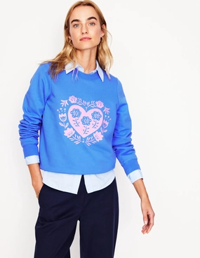 Wrinkle Resistant Texture Hannah Embroidered Sweatshirt-Peacock Plume Blue, Hearts