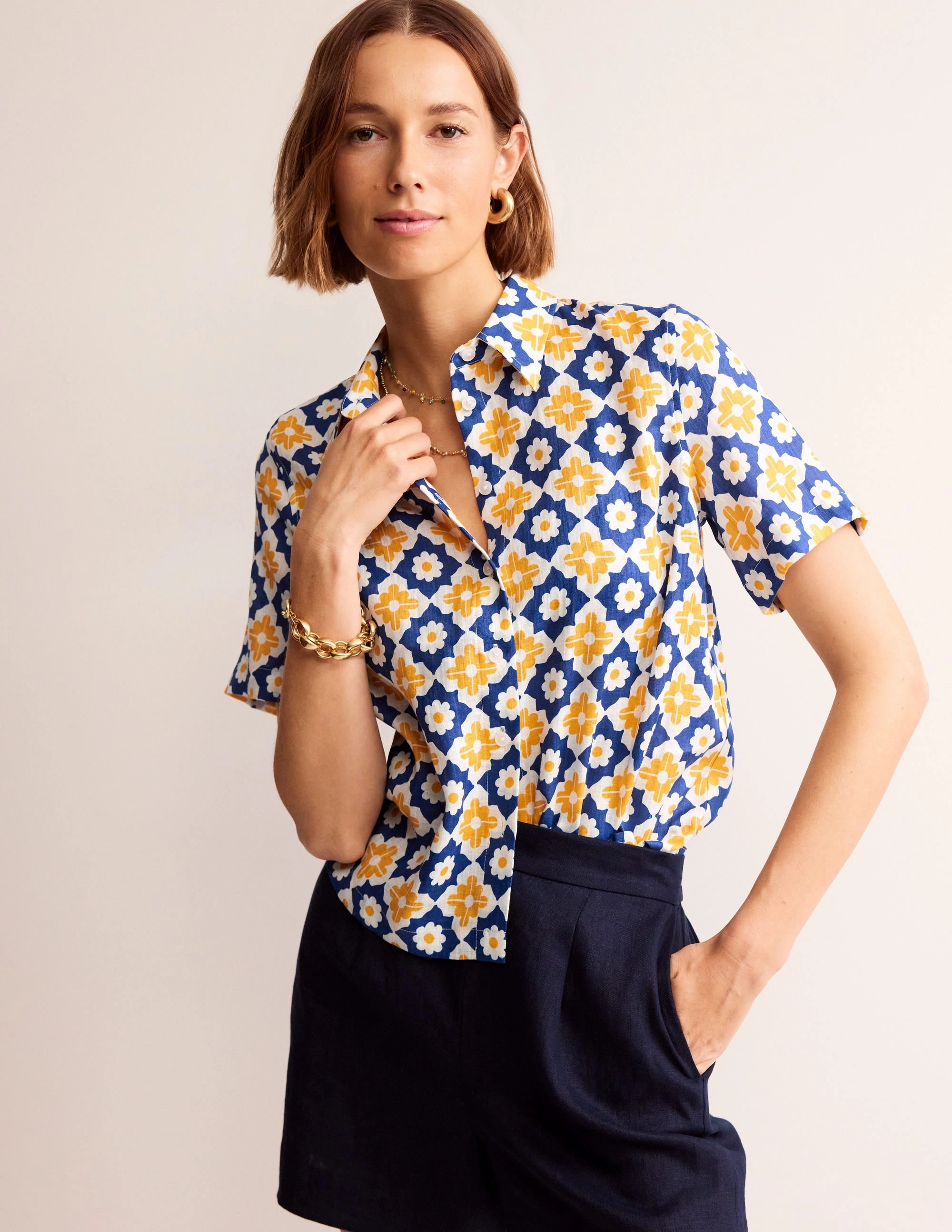Hazel Short Sleeve Linen Shirt-Surf The Web, Geometric Stamp Oeko Tex Certified