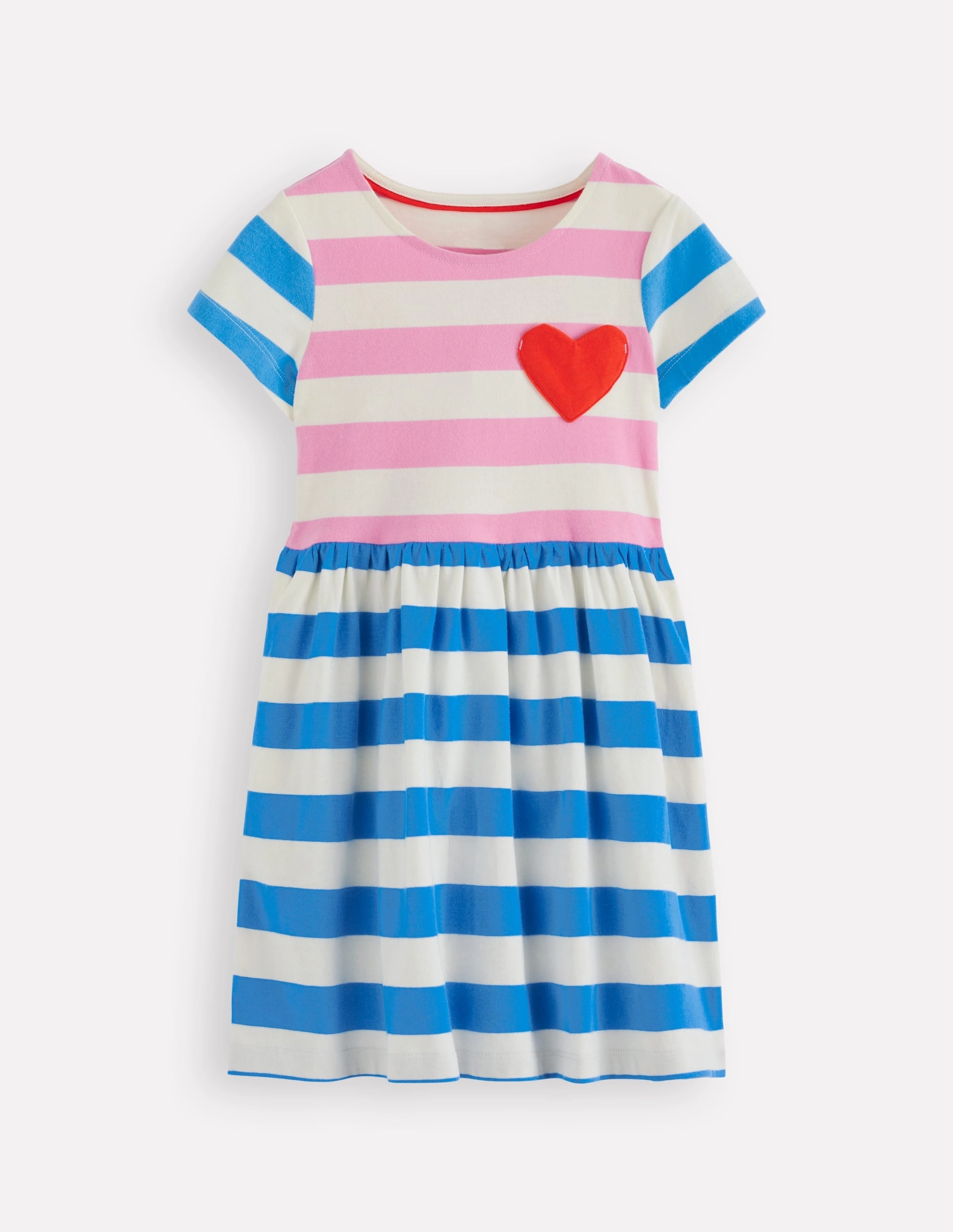 Heart Pocket Fun Jersey Dress-Multi Hotchpotch Stripe Soft-Lining Flattering Waist Design Fit