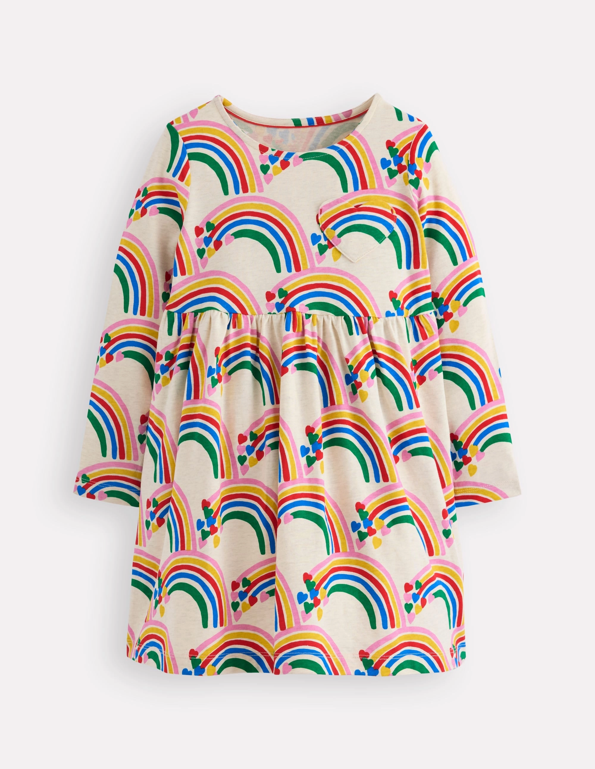 Timeless Waist Timeless and Comfortable Heart Pocket Fun Jersey Dress-Oatmeal Marl Rainbow Hearts