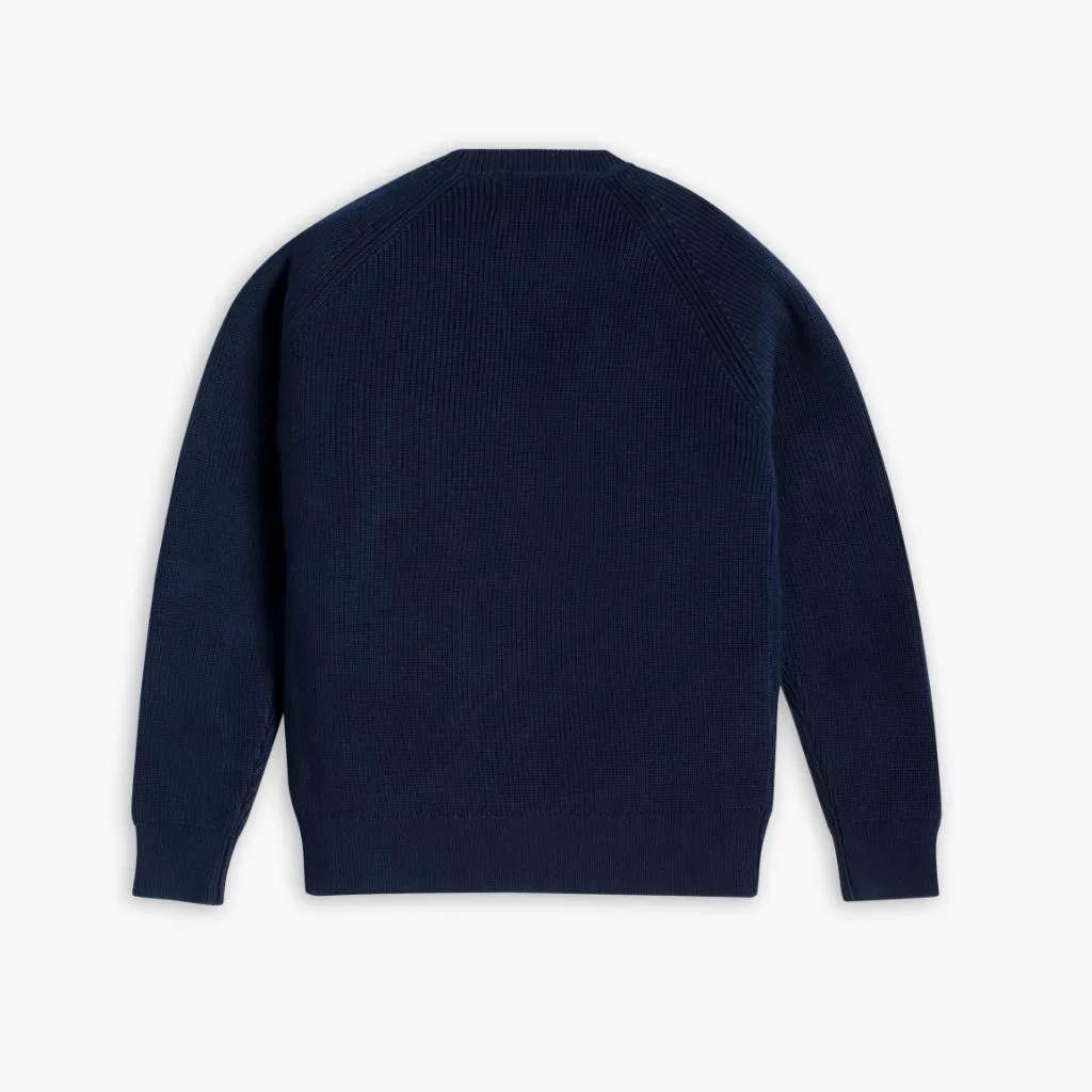 Ribbed Crewneck | Navy Multi Layer Stitching Asymmetrical Cut