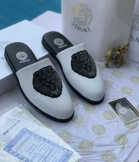 Open Toe Design Practical Solution Versace White Leather  Men's Mules