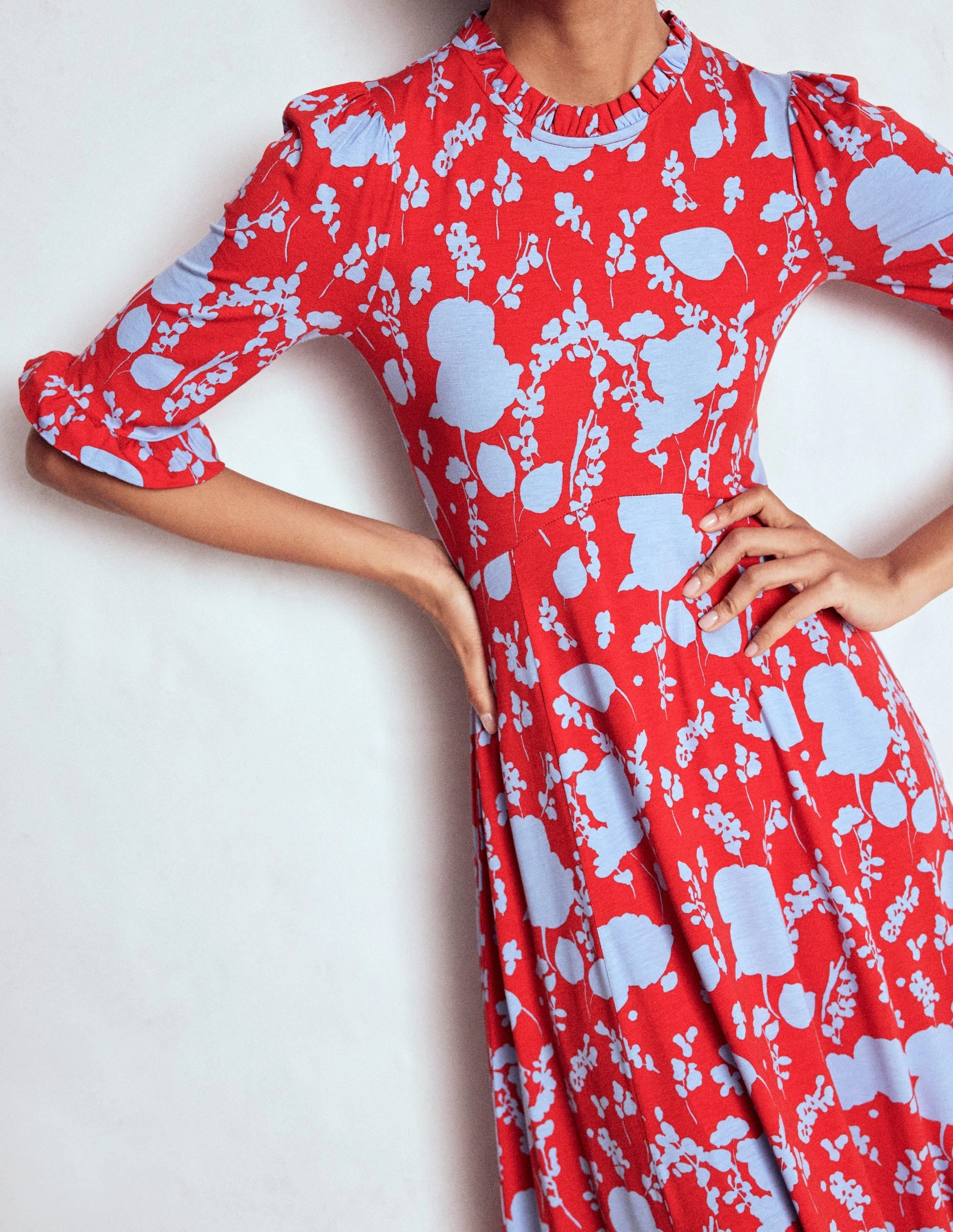 Gentle Texture Professional Look Ruffle Seamed Midi Dress-Poppy Red, Dainty Sprigs