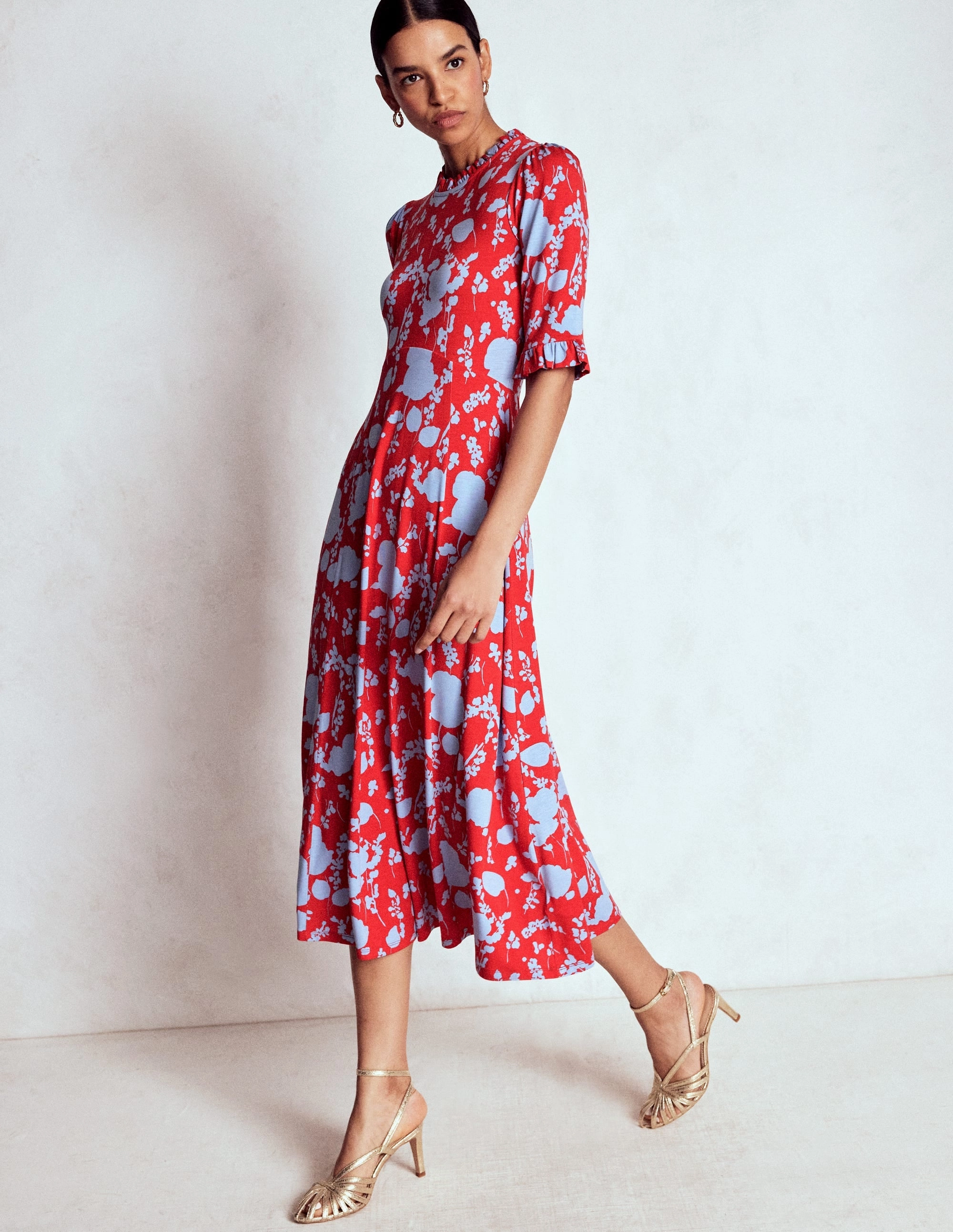 Casual Style Ruffle Seamed Midi Dress-Poppy Red, Dainty Sprigs