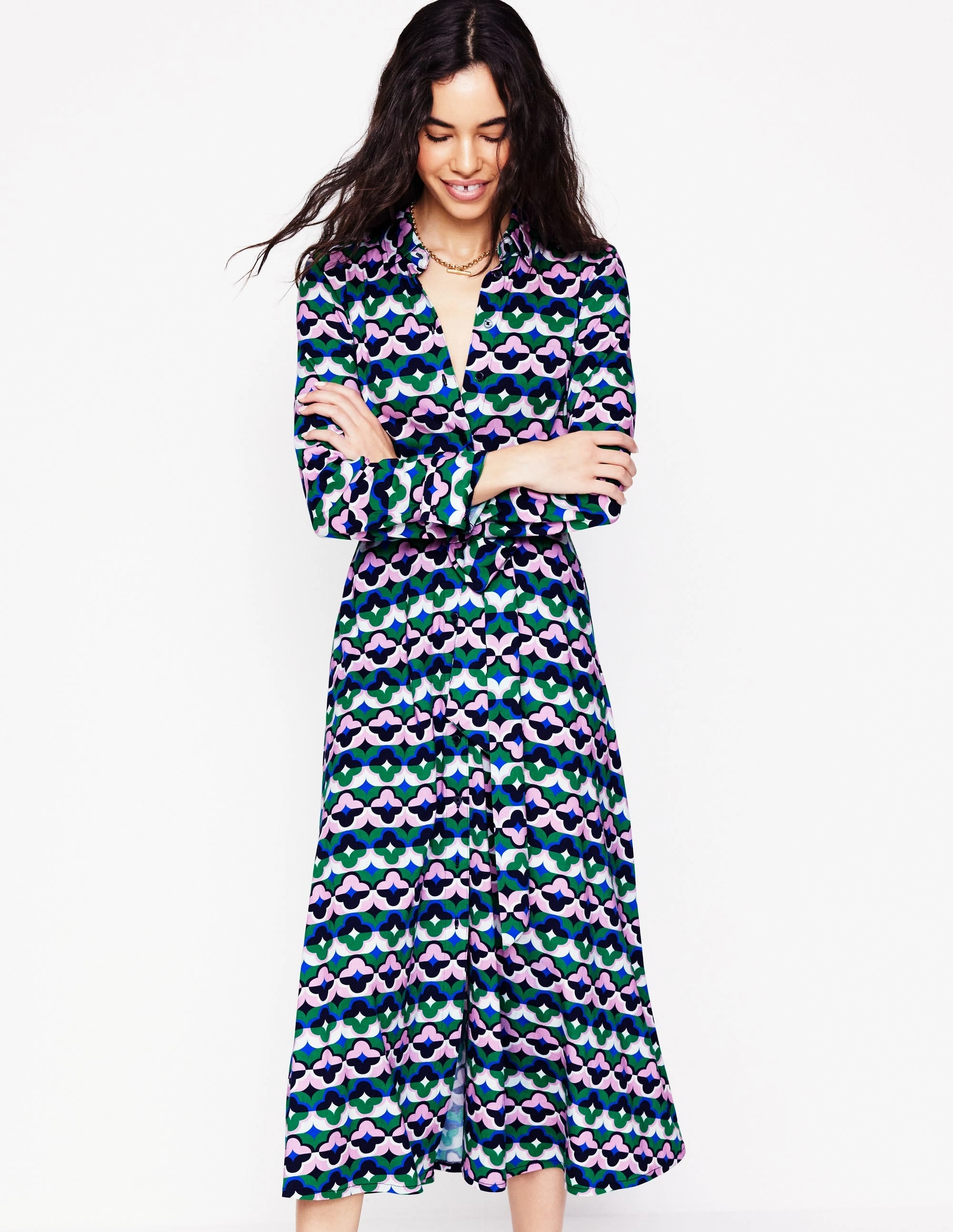 Marcia Jersey Shirt Dress-Rich Emerald, Lucky Clover Elegant Detail Light Rhythm