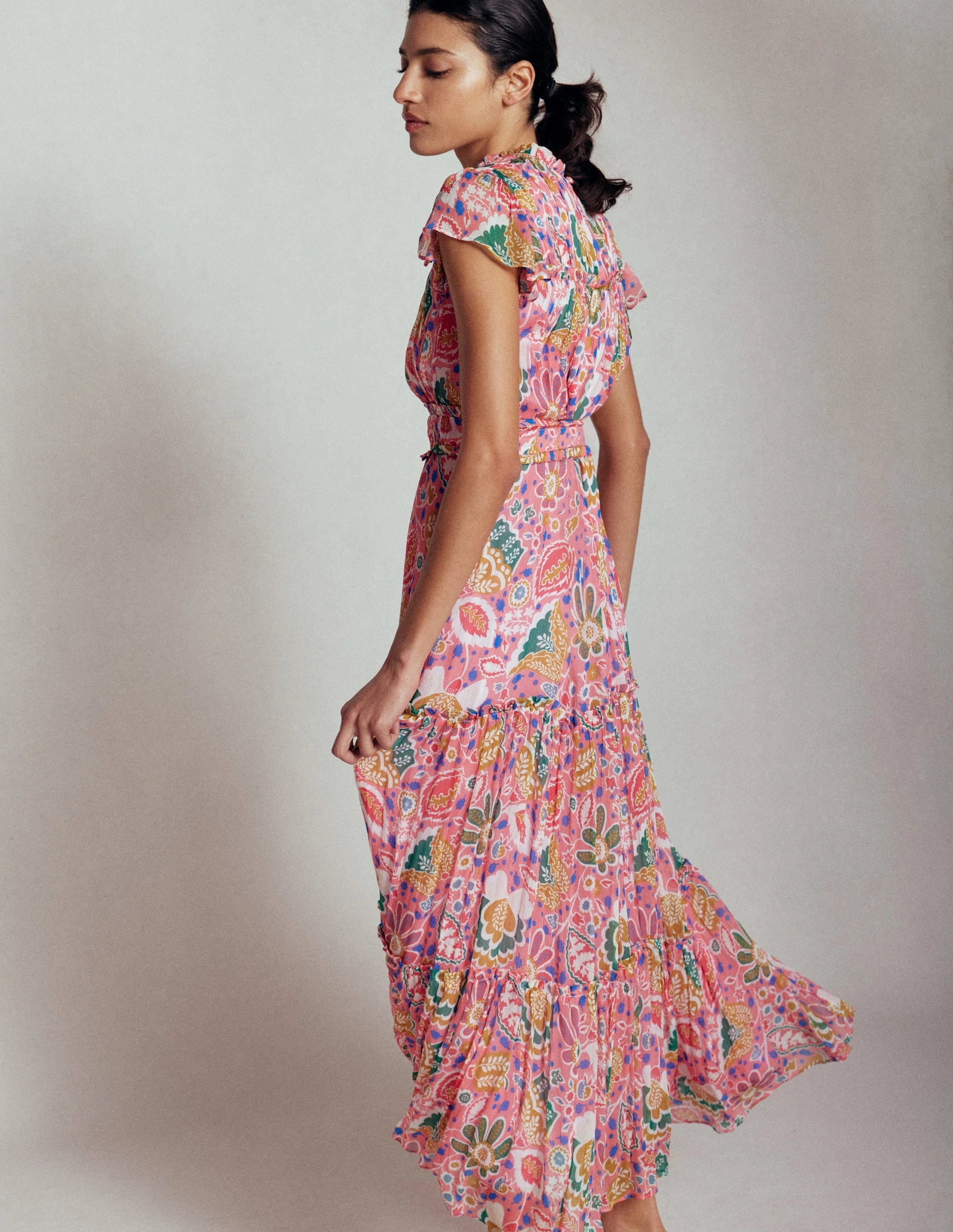 High Neck Sleeveless Dress-Multi, Flourishing Blooms Linen Vibe Decorative-Design