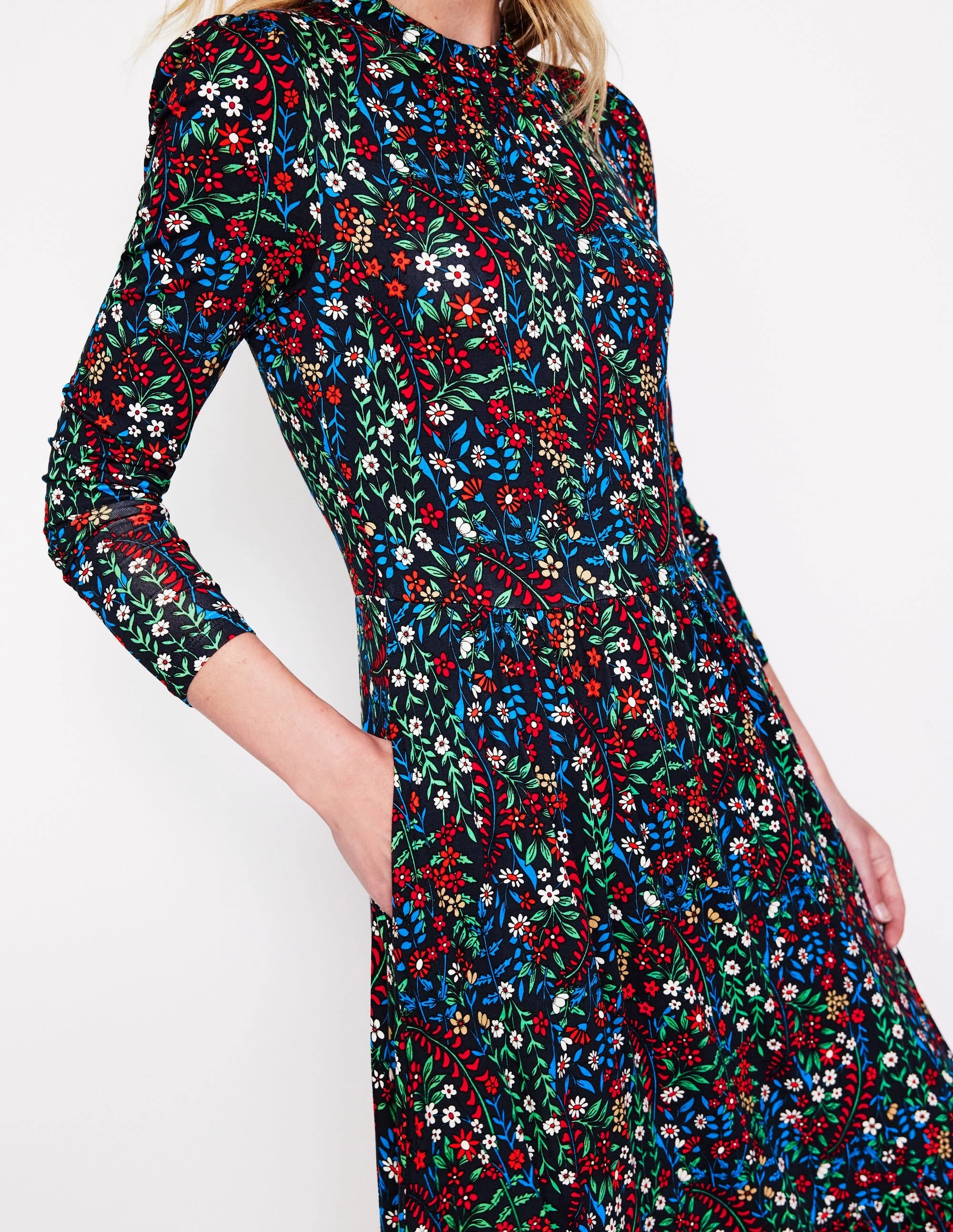 High Neck Tiered Jersey Dress-Navy, Foliage Bud Comfy Layers Tailored Piece