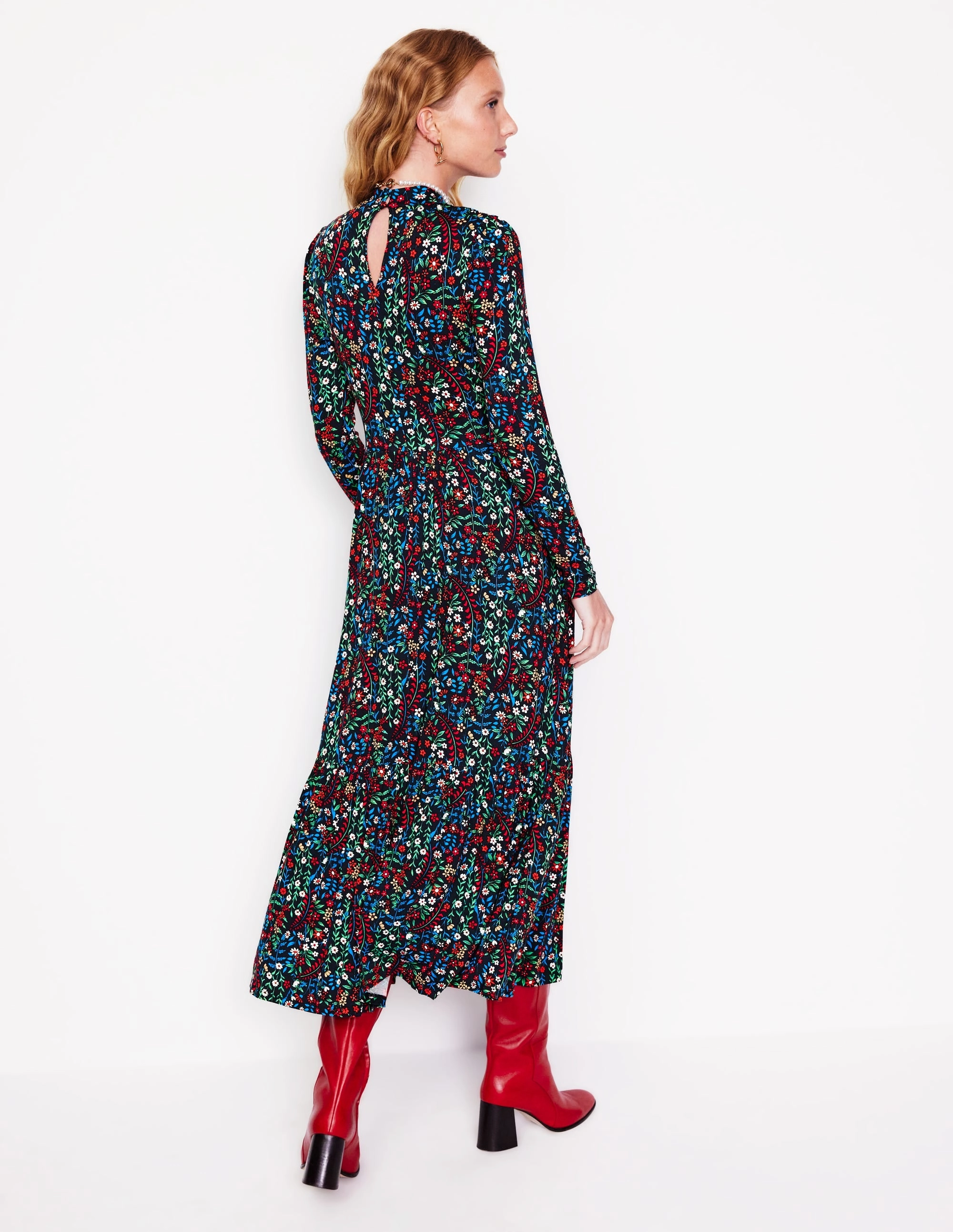 High Neck Tiered Jersey Dress-Navy, Foliage Bud Everyday Use