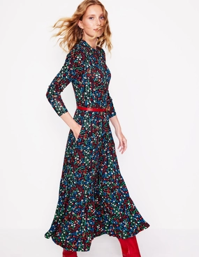 High Neck Tiered Jersey Dress-Navy, Foliage Bud Elegant Mood