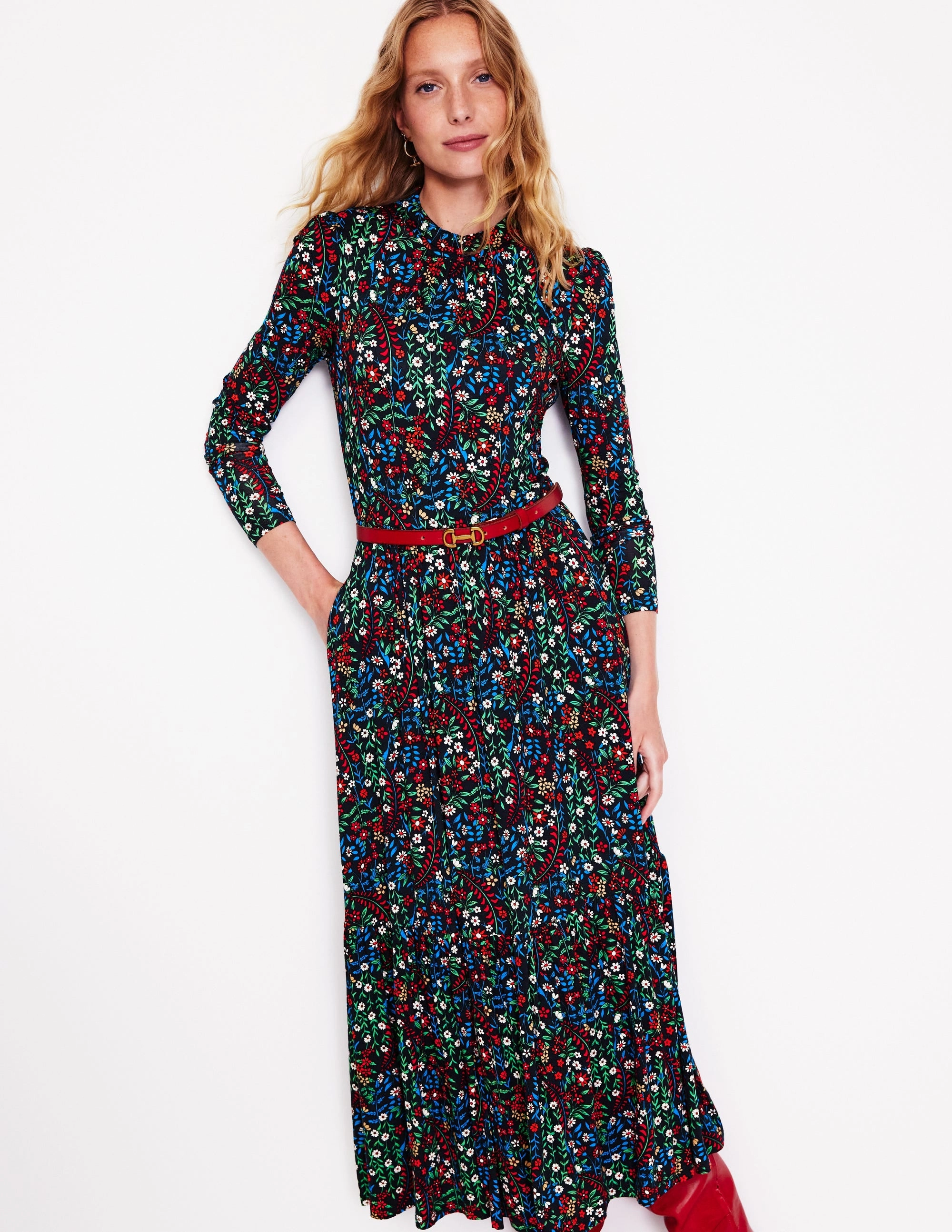 High Neck Tiered Jersey Dress-Navy, Foliage Bud Light Shape Sheer-Overlay