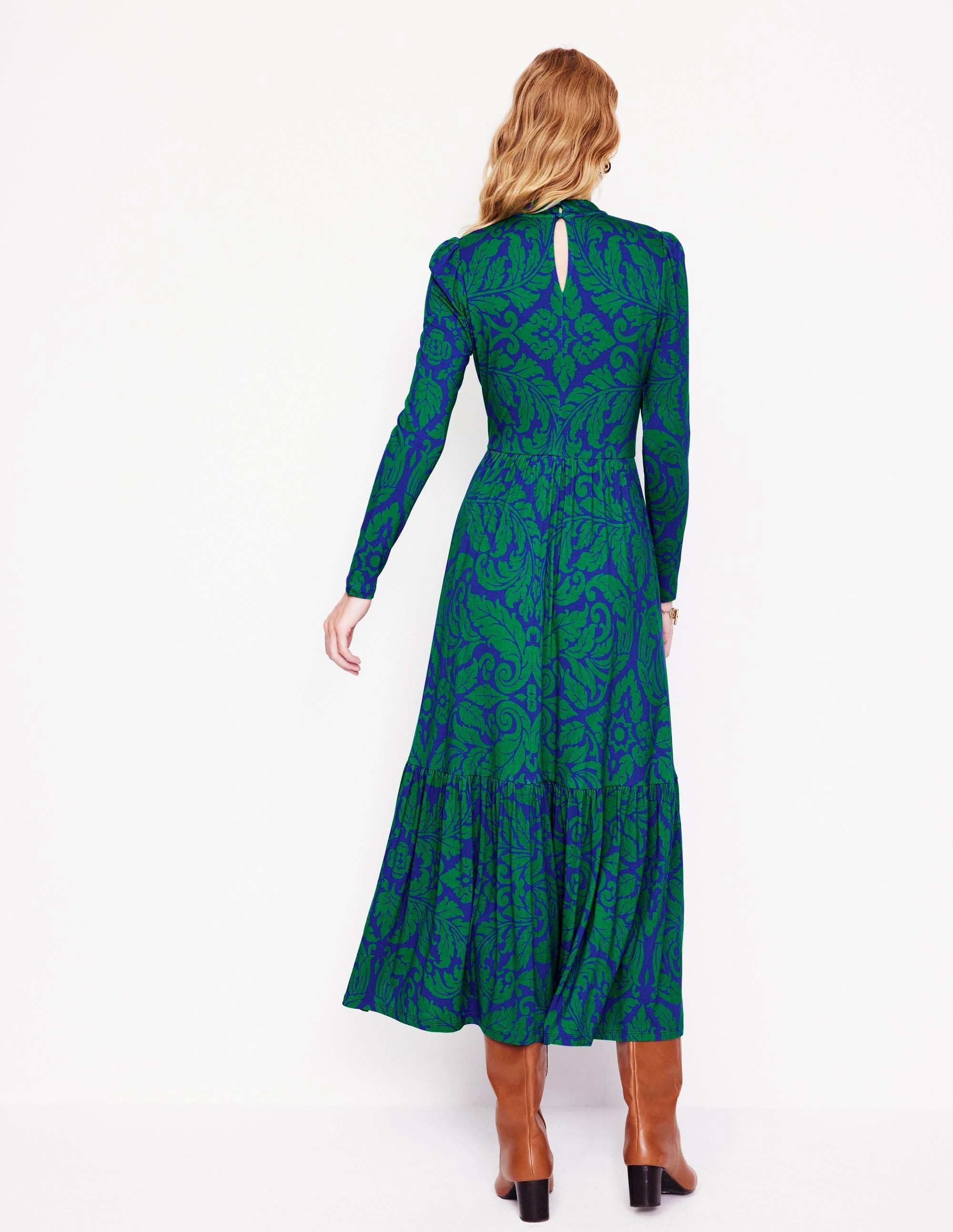 Everyday Comfort Magic Day High Neck Tiered Jersey Dress-Rich Emerald, Elaborate Leaf