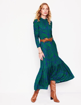 High Neck Tiered Jersey Dress-Rich Emerald, Elaborate Leaf Sleek Cut Fine Details