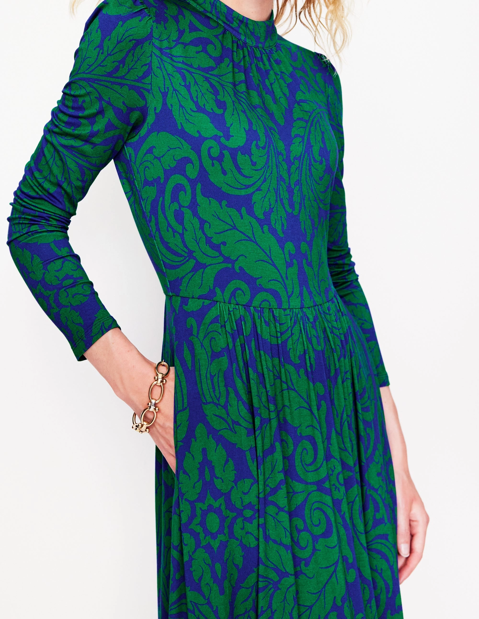 High Neck Tiered Jersey Dress-Rich Emerald, Elaborate Leaf Muted Tones