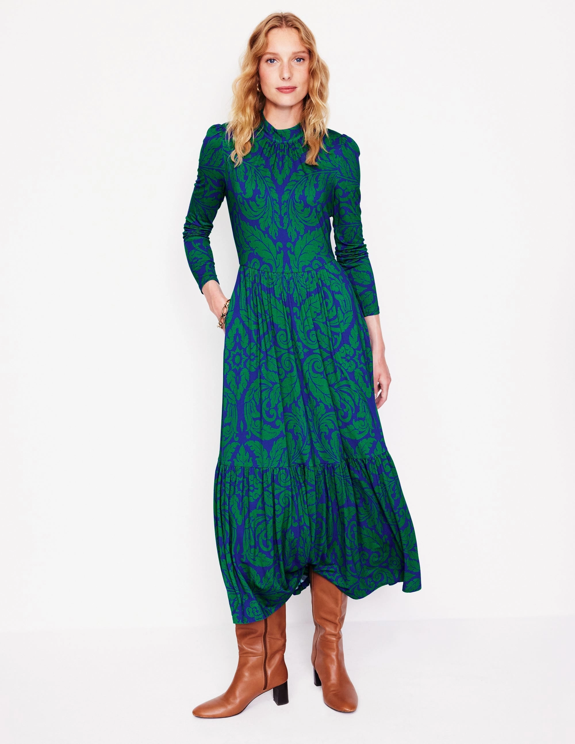 High Neck Tiered Jersey Dress-Rich Emerald, Elaborate Leaf Flexible Waist