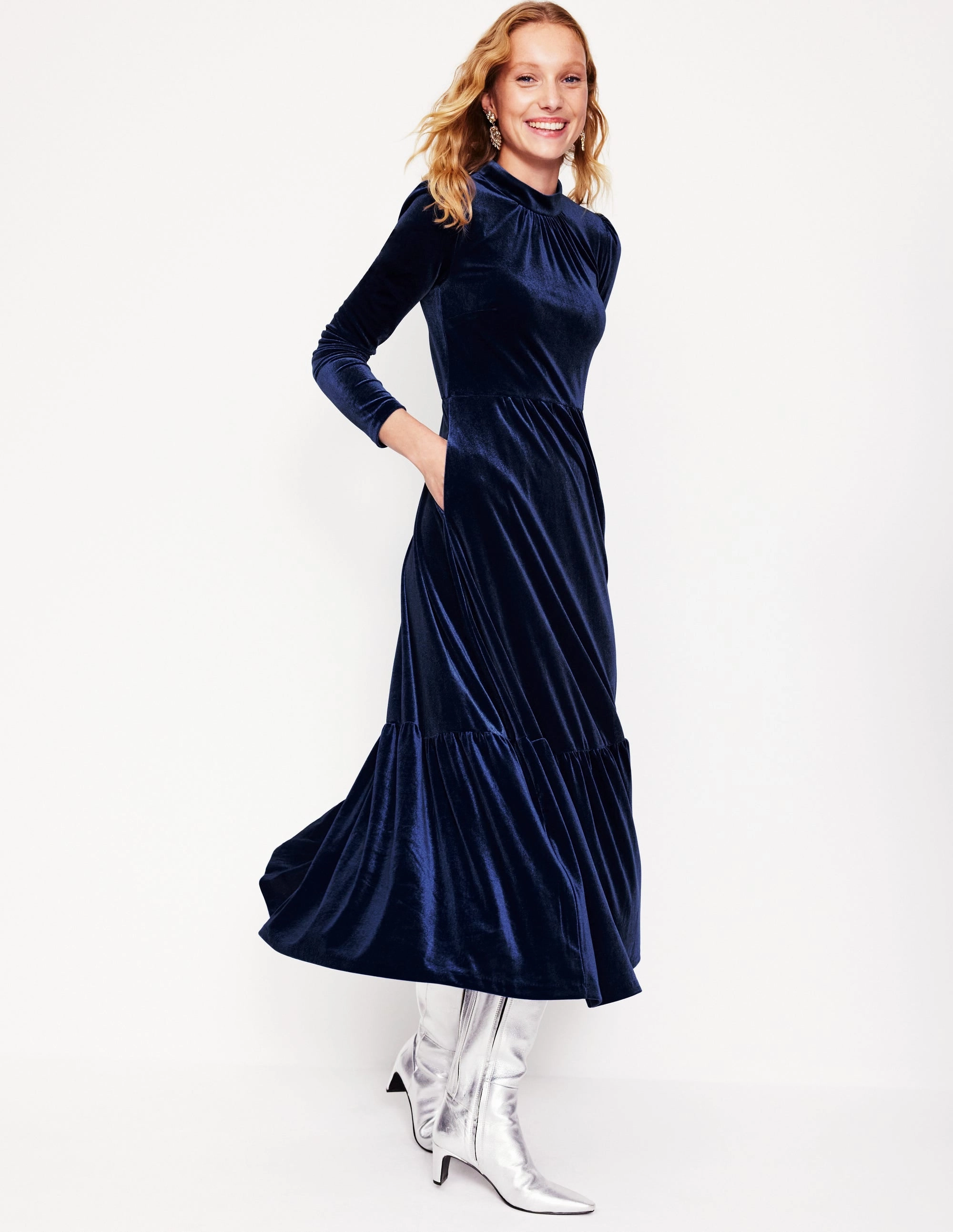 Fashionable outfit for outings Breezy Fit High Neck Tiered Velvet Dress-Night Blue