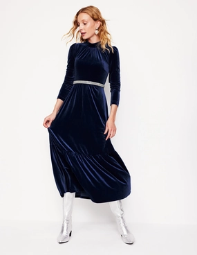 Modern Movement High Neck Tiered Velvet Dress-Night Blue