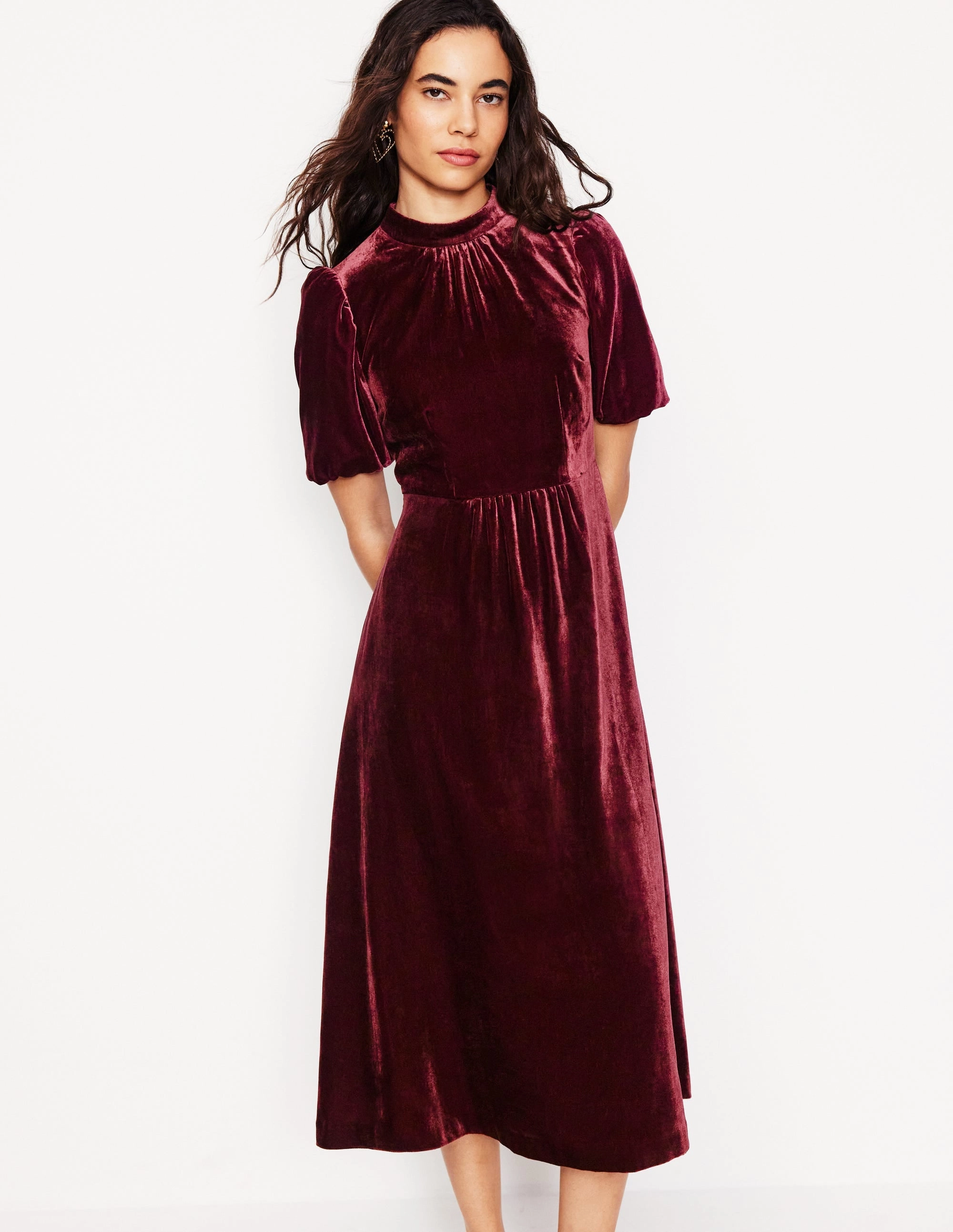 Pure Lines High Neck Velvet Dress-Cabernet