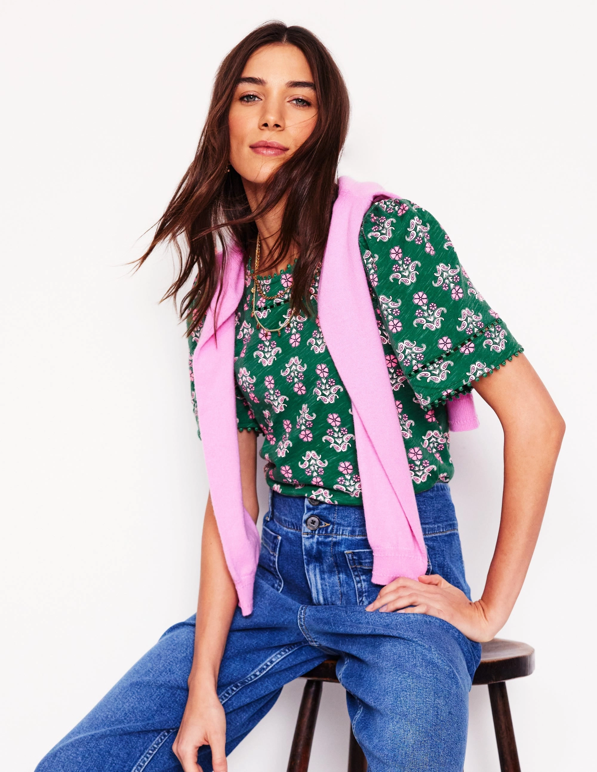 Mila Trim Detail Top-Forest Grass, Pansy Stamp Effortless Vibe SeamFreeShoulders