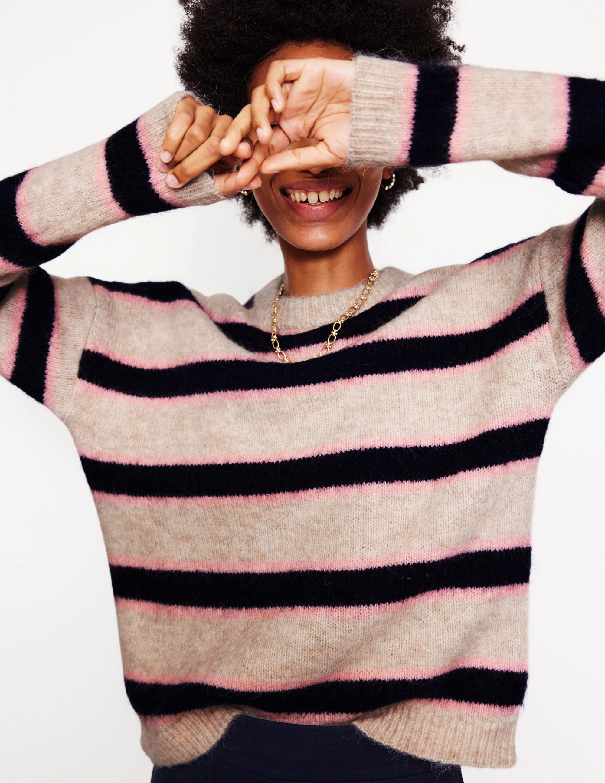 Lightweight Open Weave Rosemary Relaxed Fluffy Jumper-Oatmeal Melange, Navy