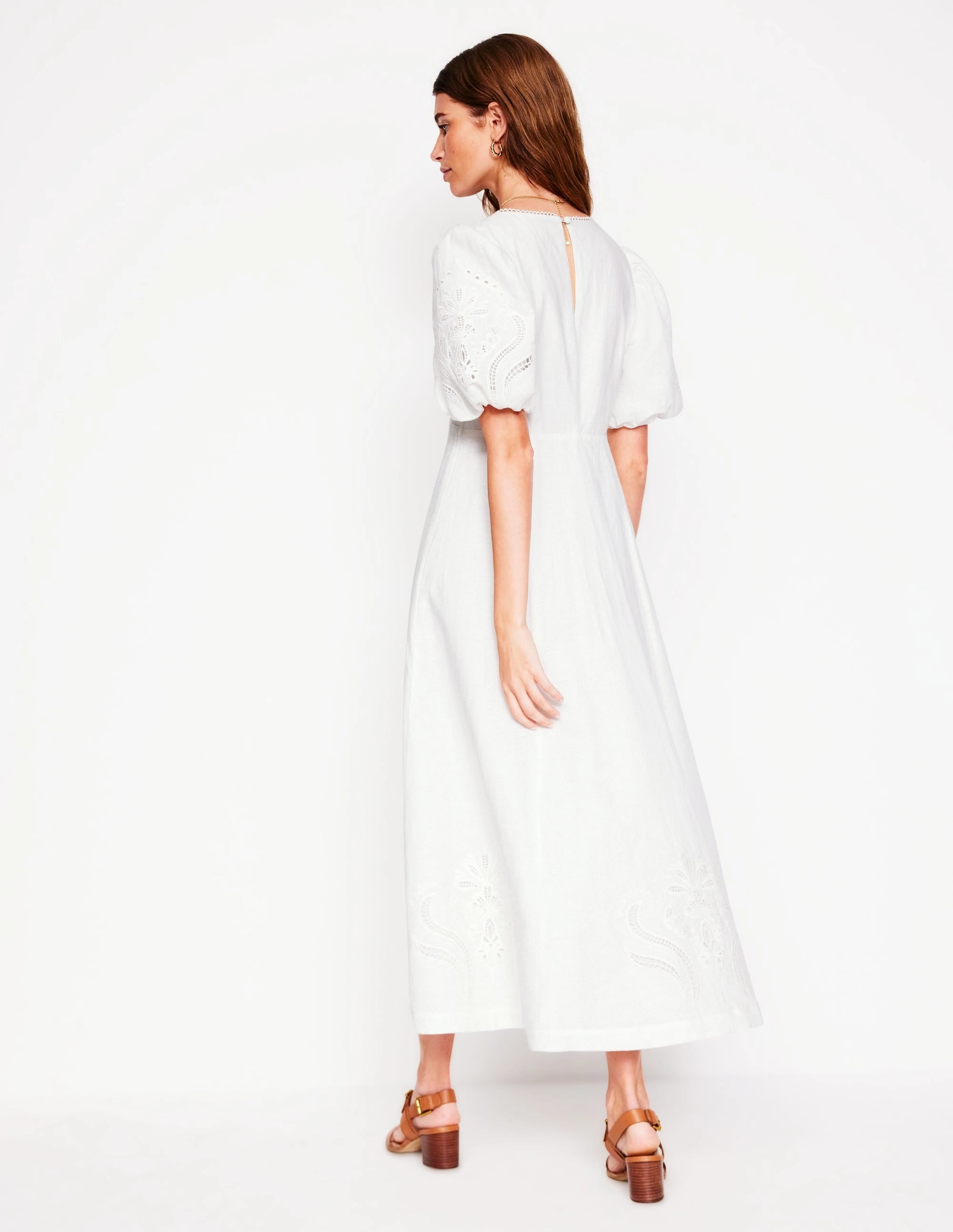 Frayed-Edge Easy Drape Empire Broderie Tea Dress-White