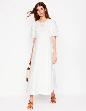 Earthy Hue Stain-Guard-Finish Empire Broderie Tea Dress-White